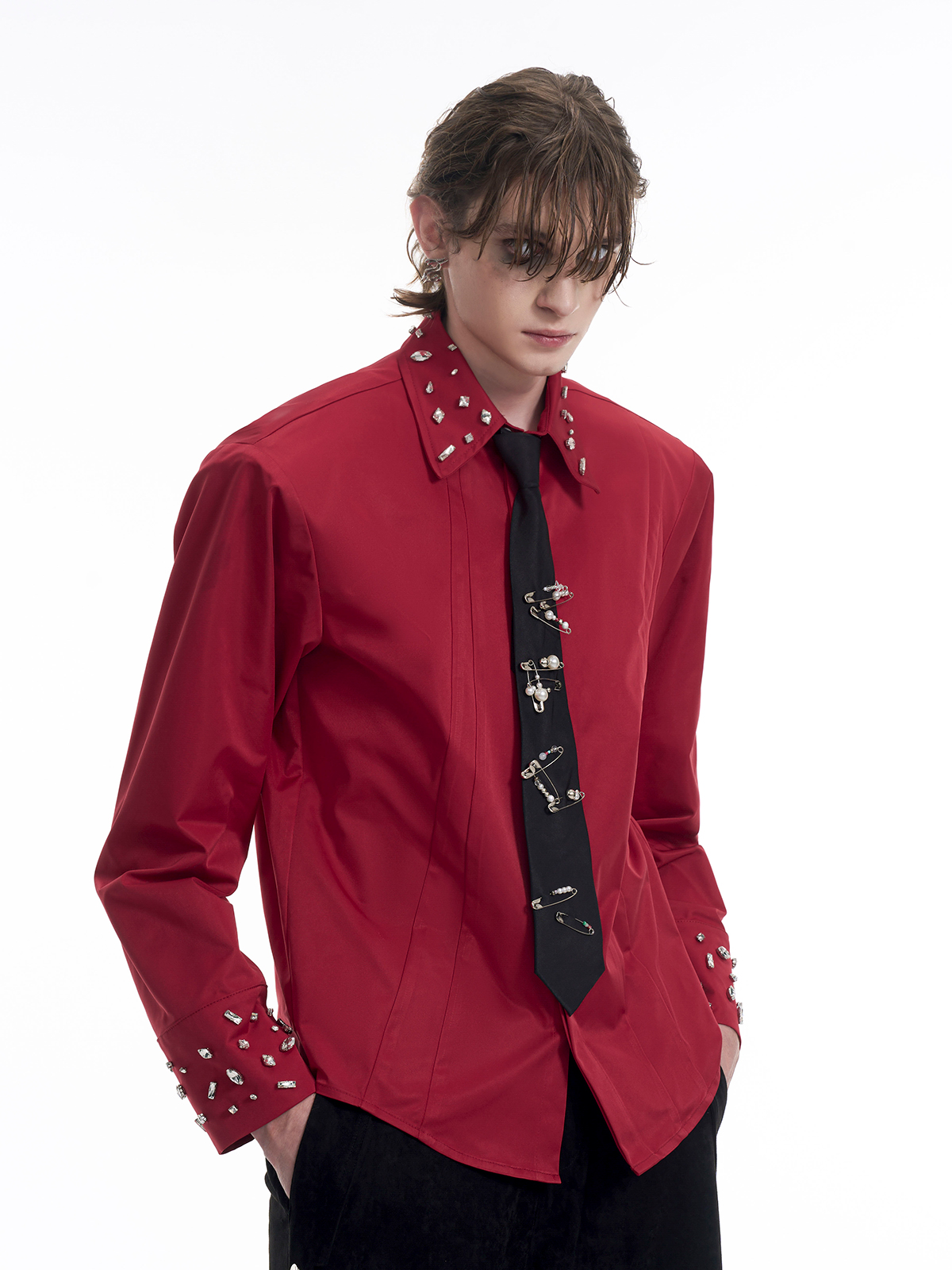 CRYSTAL COLLAR & CUFF CONCEALED PLACKET SHIRT - RED-START EXCEED END