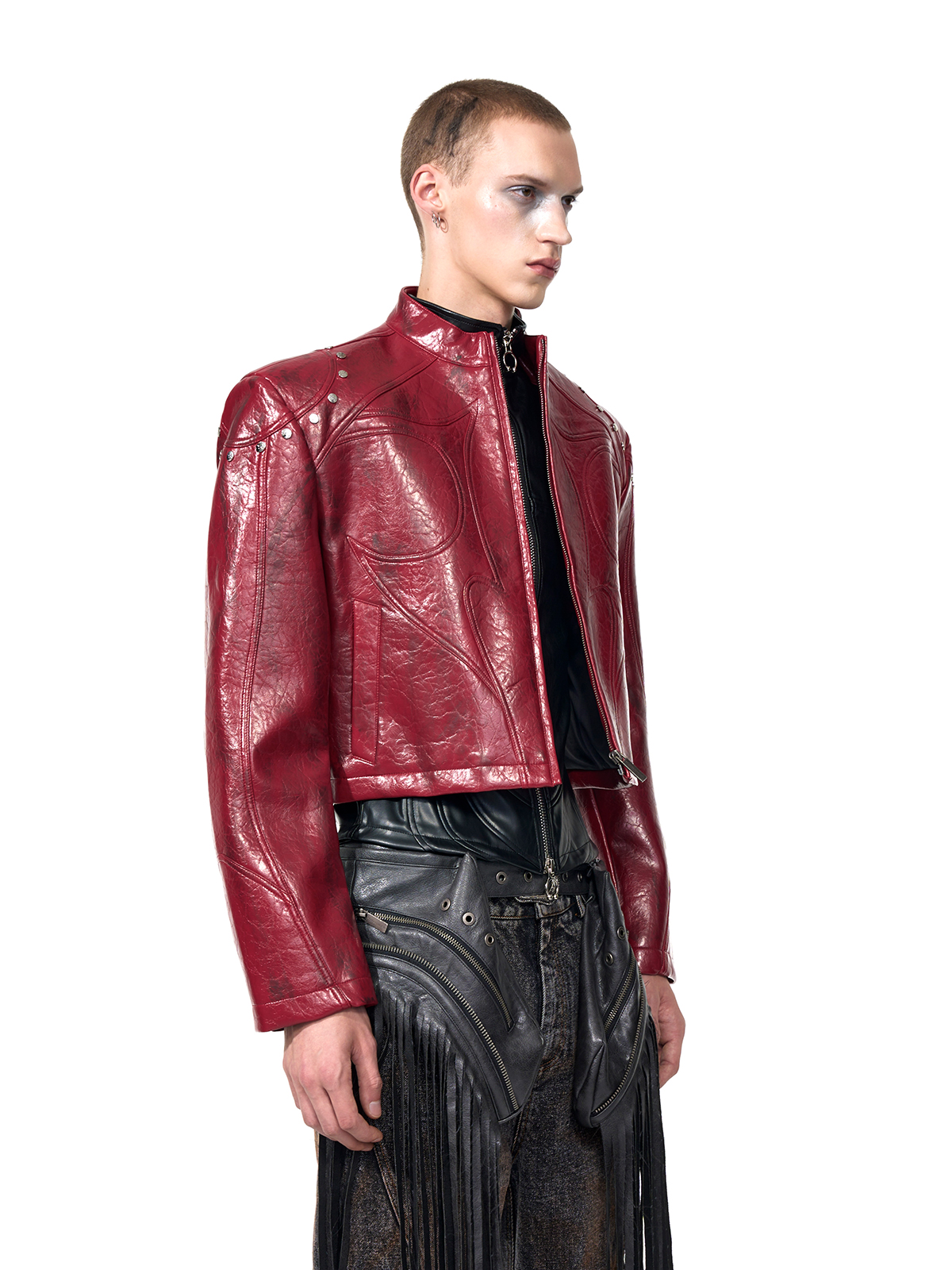 CROPPED STUDDED MOTO JACKET-CRINKLED RED