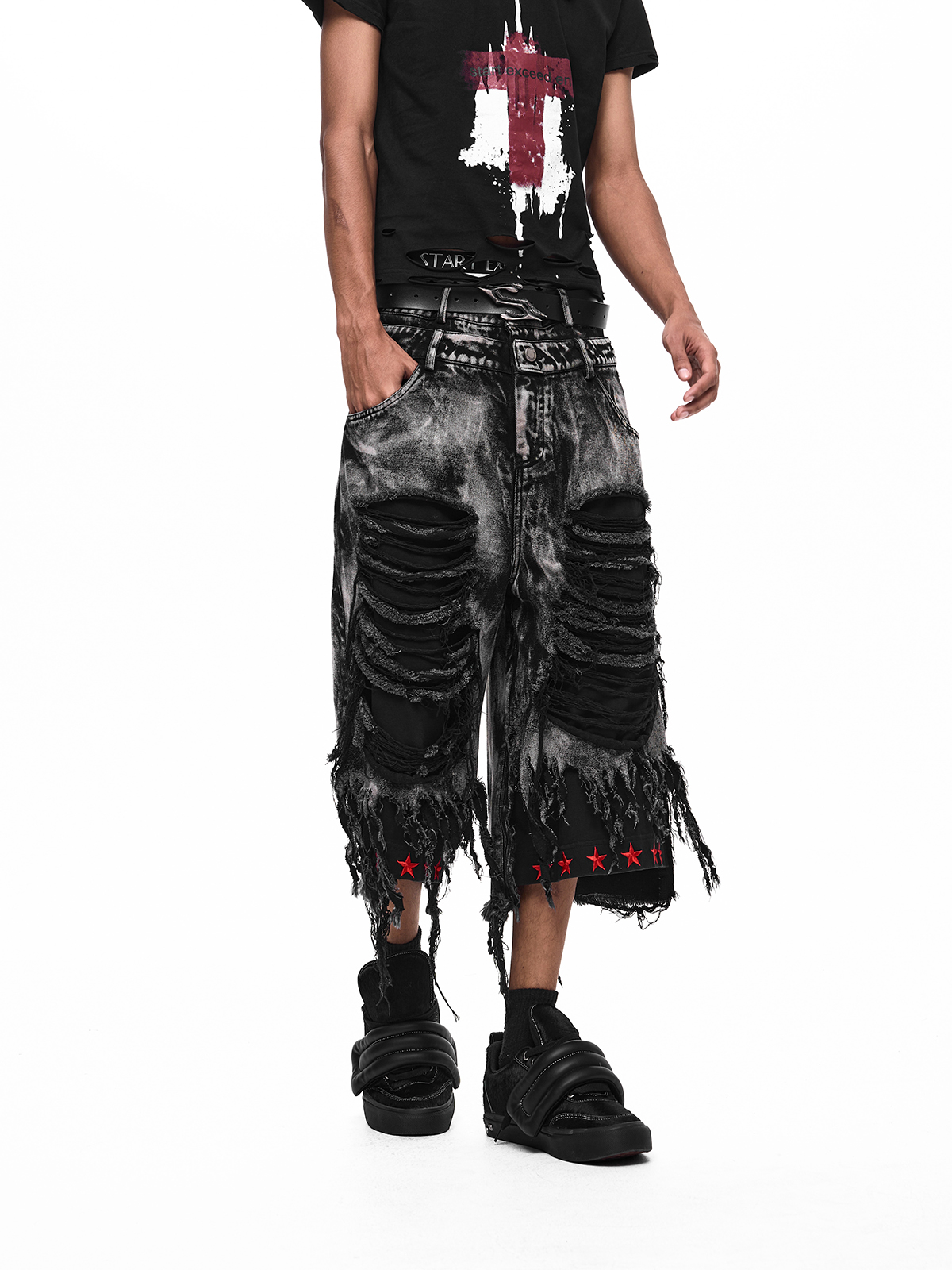 DOUBLE WAIST DISTRESSED FRINGE JORTS