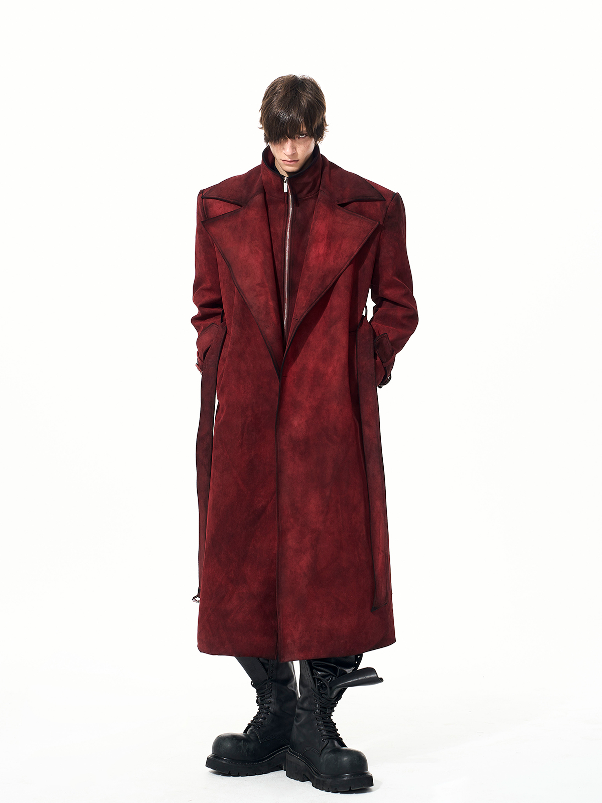 BLOOD RED DISTRESSED SUEDE BELTED TRENCH COAT-START EXCEED END