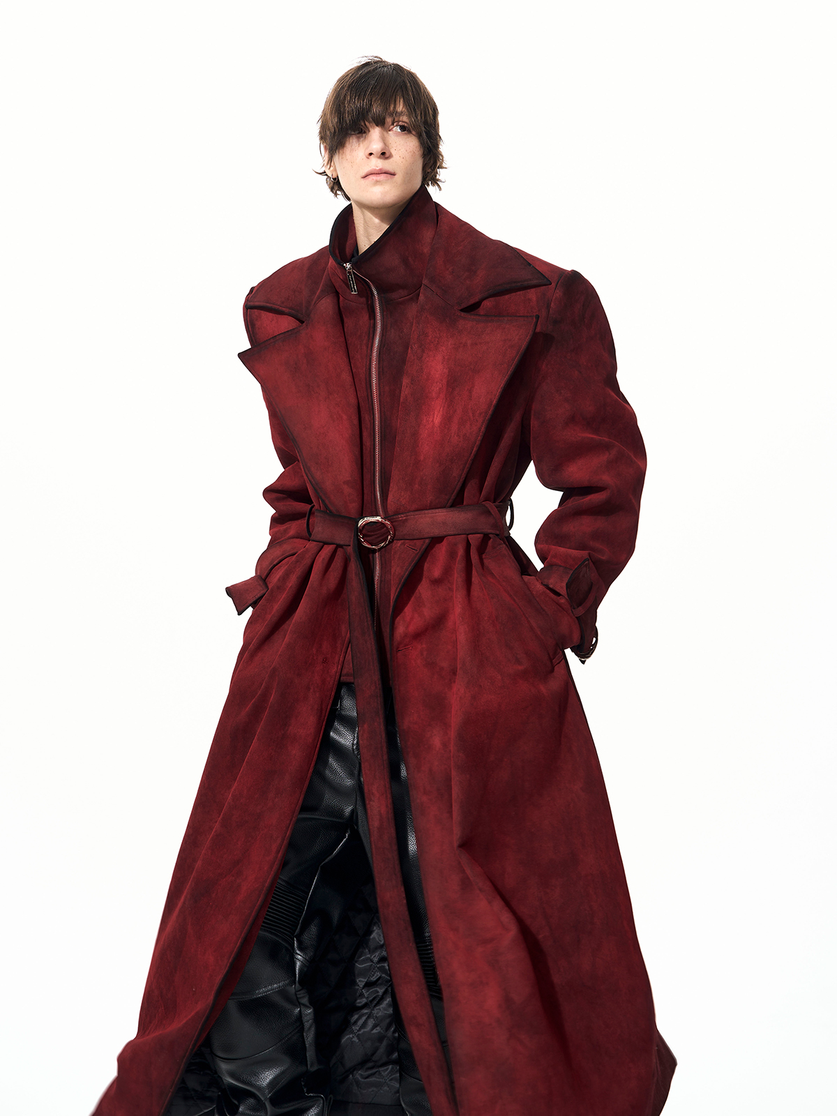BLOOD RED DISTRESSED SUEDE BELTED TRENCH COAT-START EXCEED END