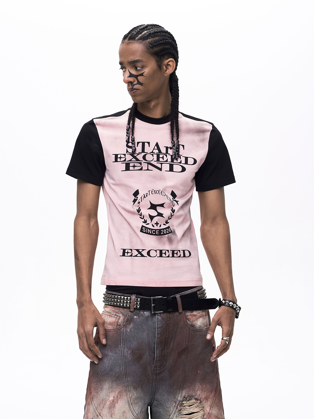 GRAPHIC COLOR BLOCK DIRTY WASH T-SHIRT-PINK