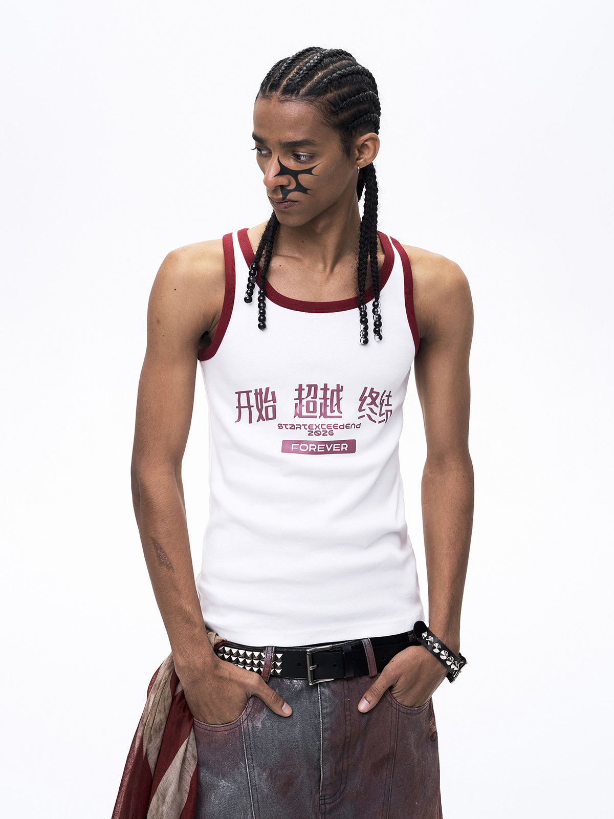 "START EXCEED END" GRAPHIC RINGER TANK TOP-WHITE/RED