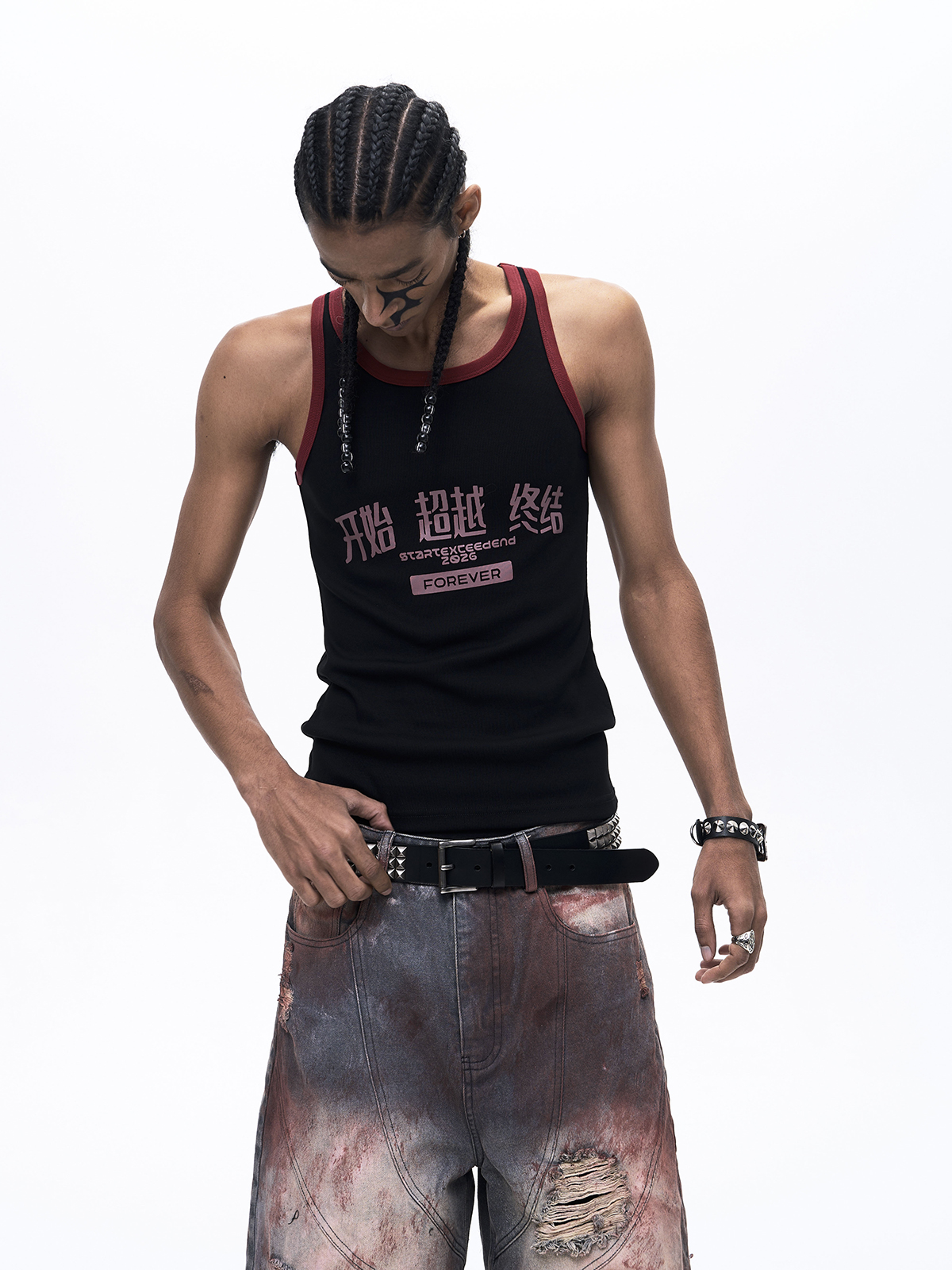 "START EXCEED END" GRAPHIC RINGER TANK TOP-BLACK/RED