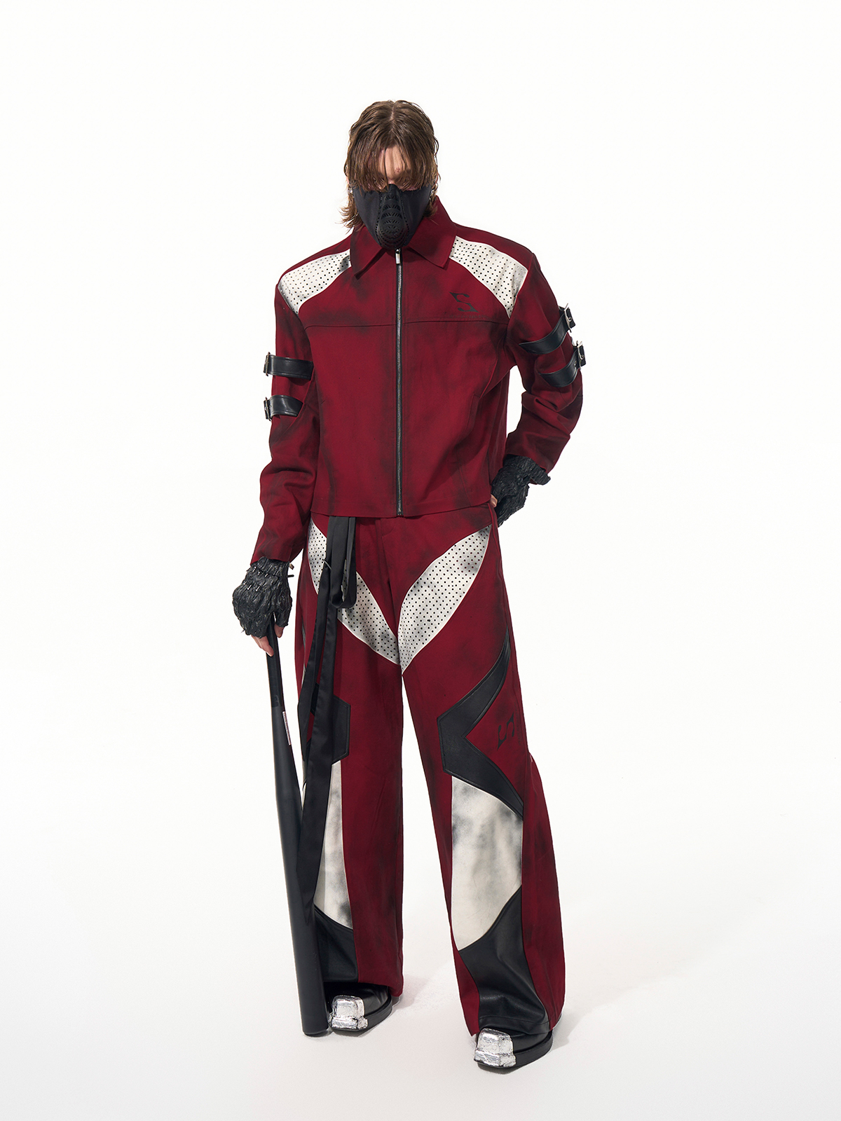 DISTRESSED RED CYBER-MOTO JACKET & PANTS SET-START EXCEED END