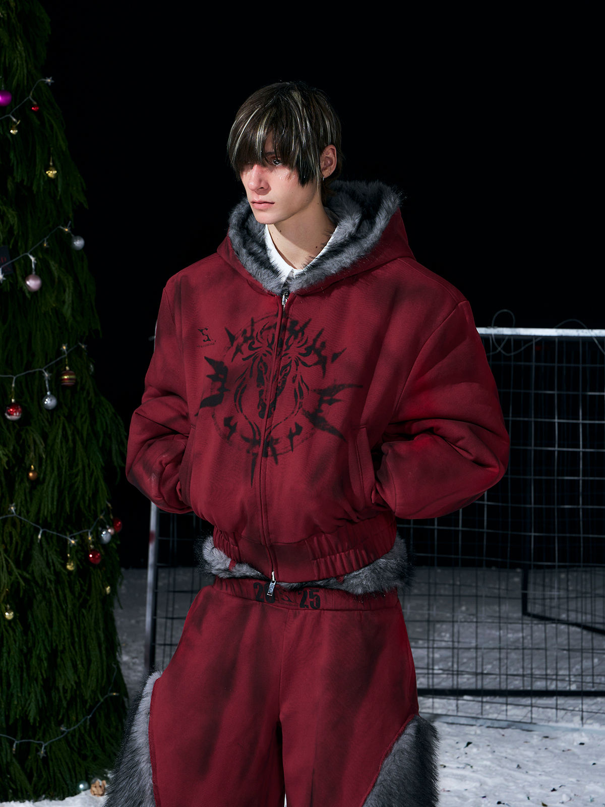 VINTAGE RED REVERSIBLE FUR HOODIE & FUR PANEL PANTS SET