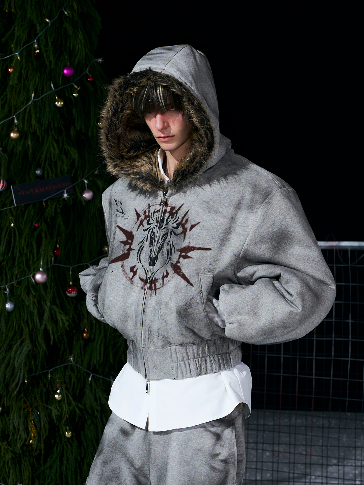 VINTAGE GREY REVERSIBLE FUR HOODIE & FUR PANEL PANTS SET