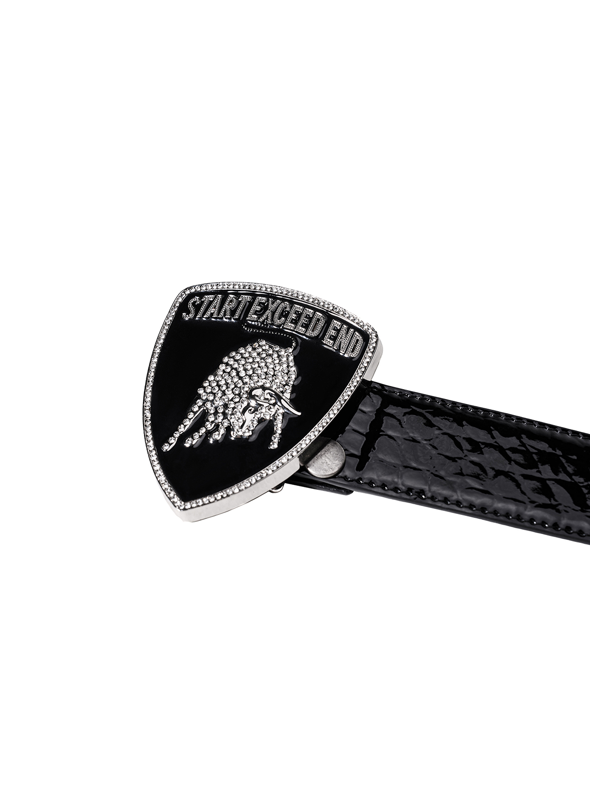 RHINESTONE BULL BUCKLE PATENT BELT
