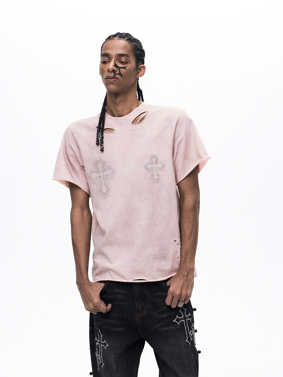 DECONSTRUCTED RHINESTONE CROSS MUD WASH TEE-PINK