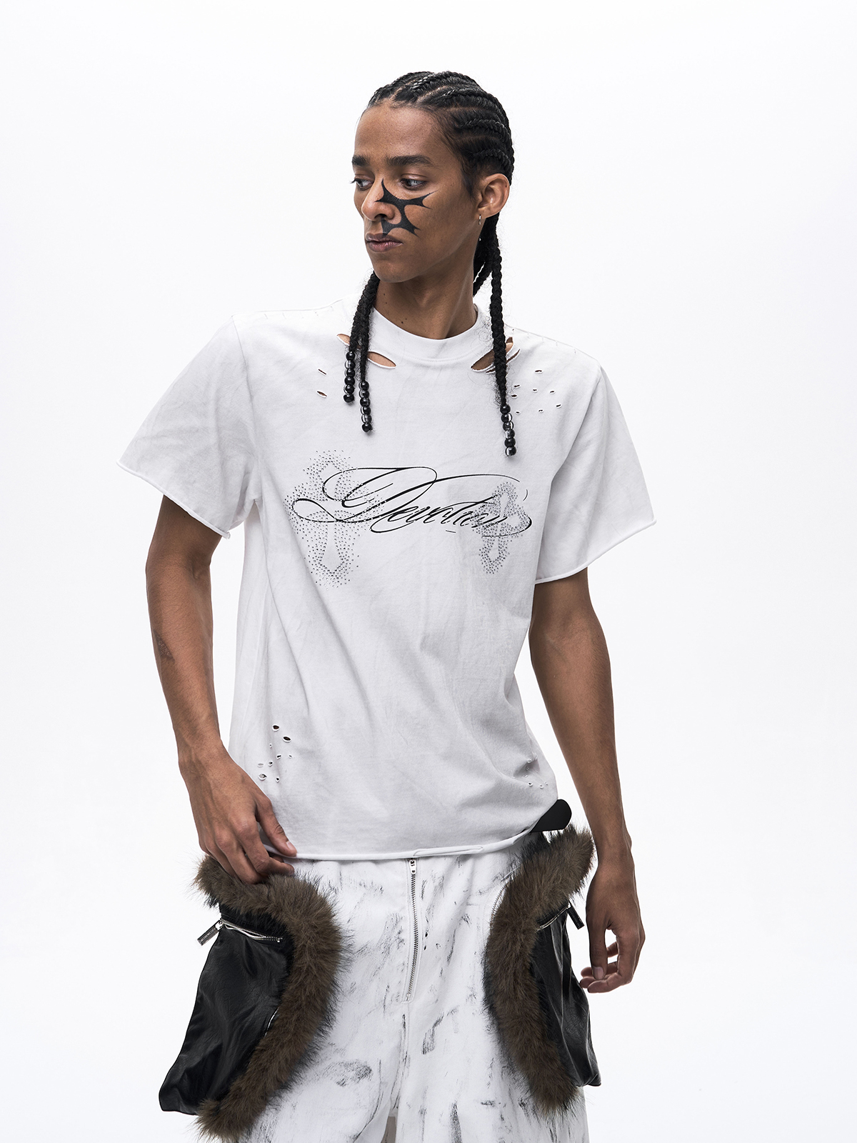 DECONSTRUCTED RHINESTONE CROSS MUD WASH TEE-WHITE