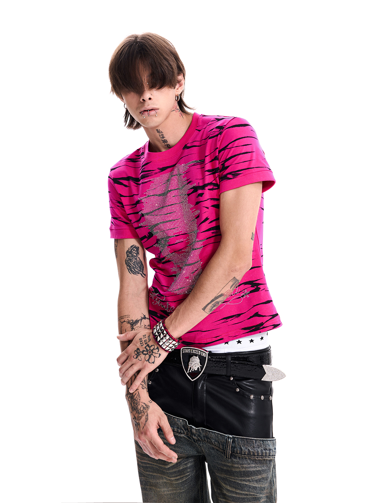 RHINESTONE SKULL TIGER TEE