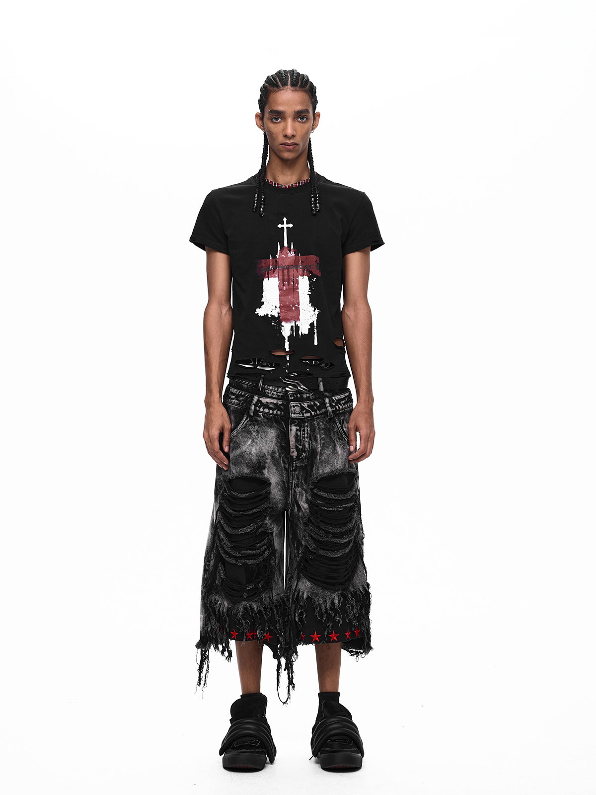 DISTRESSED GOTHIC CROSS PLAID-COLLAR TEE