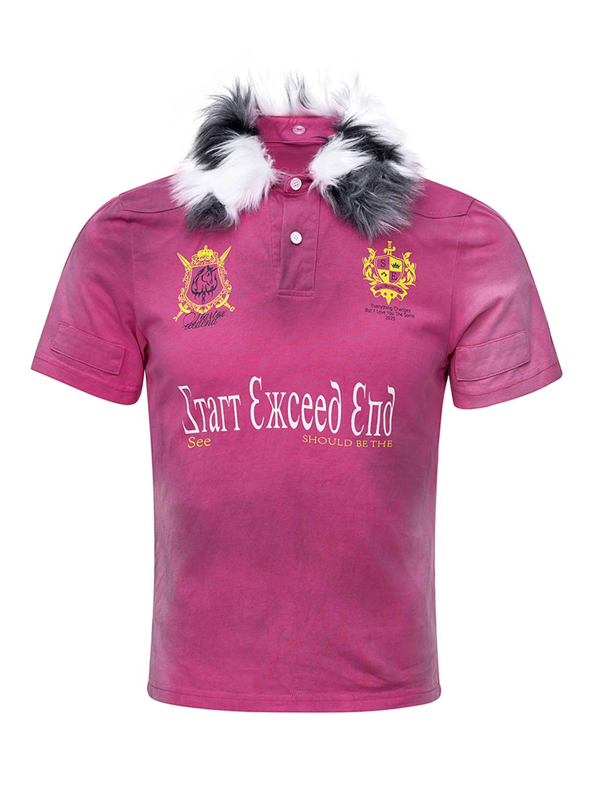 MUD WASH DISTRESSED FUR COLLAR T-SHIRT-ROSE RED