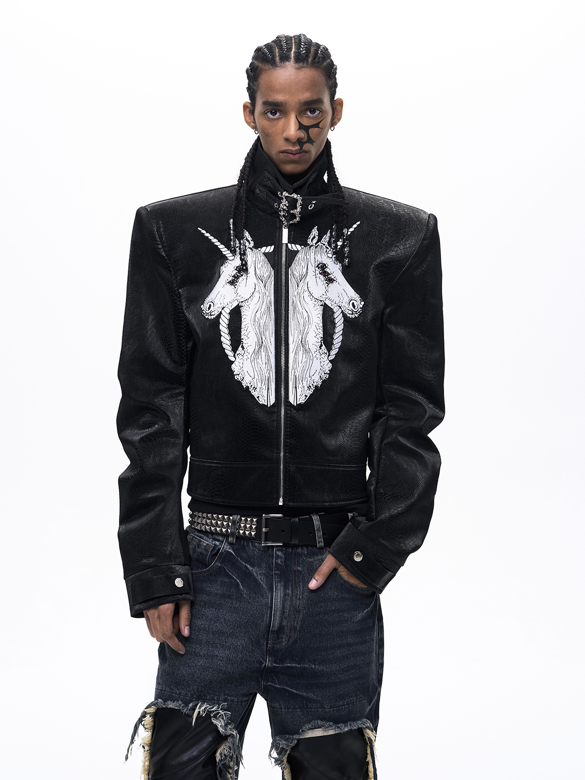 EMBROIDERED UNICORN STAND COLLAR LEATHER JACKET