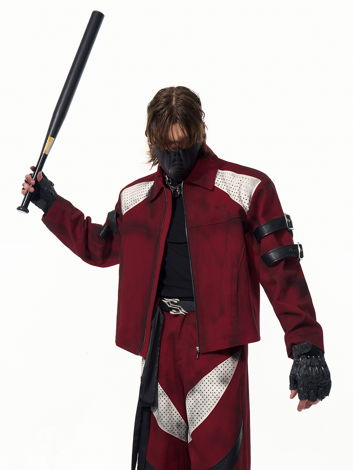 DISTRESSED RED CYBER-MOTO JACKET & PANTS SET-START EXCEED END