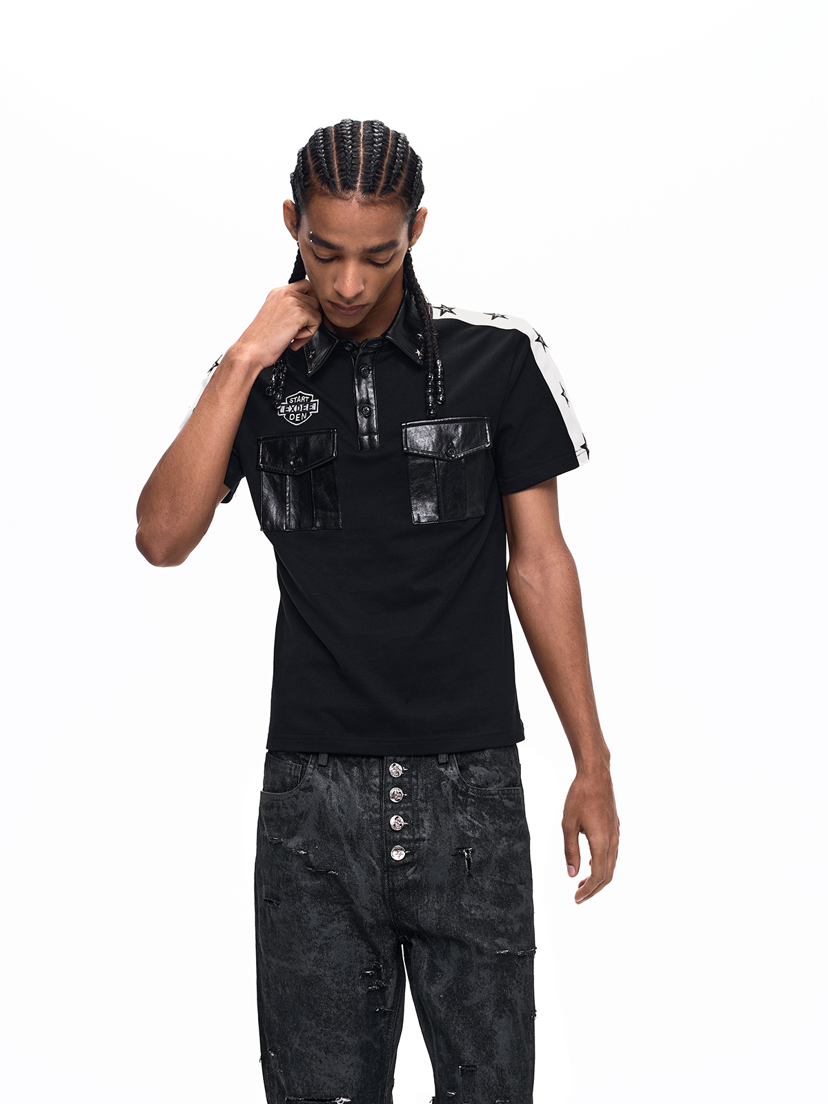 STAR STUDDED LEATHER-PANEL POLO SHIRT