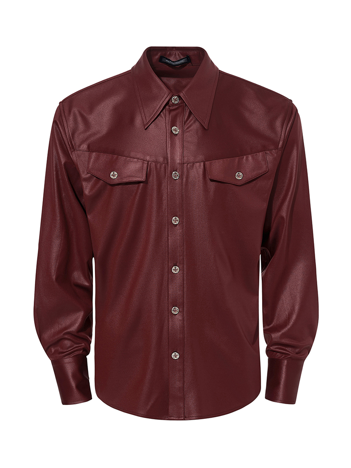 FAUX ACETATE STRUCTURED SHOULDER SHIRT-BURGUNDY