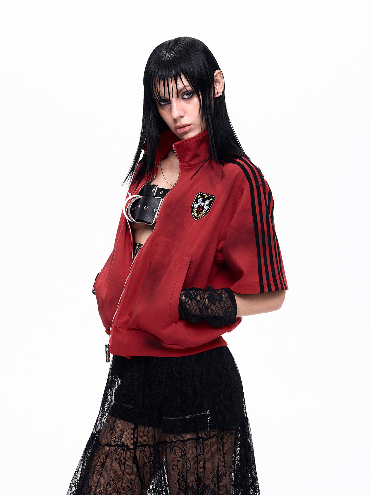 DIRTY WASH EMBROIDERED TRACK SWEATSHIRT-BURGUNDY