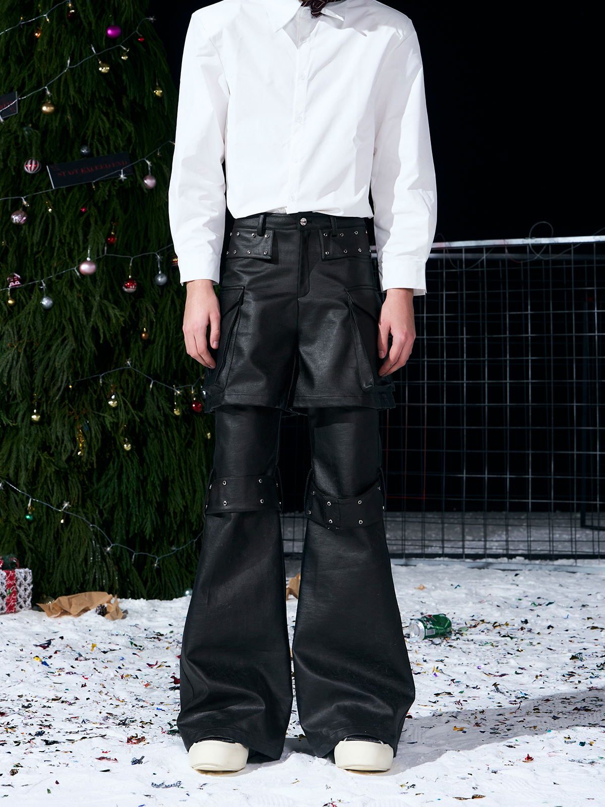 DECONSTRUCTED 2-IN-1 RIVET CARGO LEATHER PANTS-BLACK