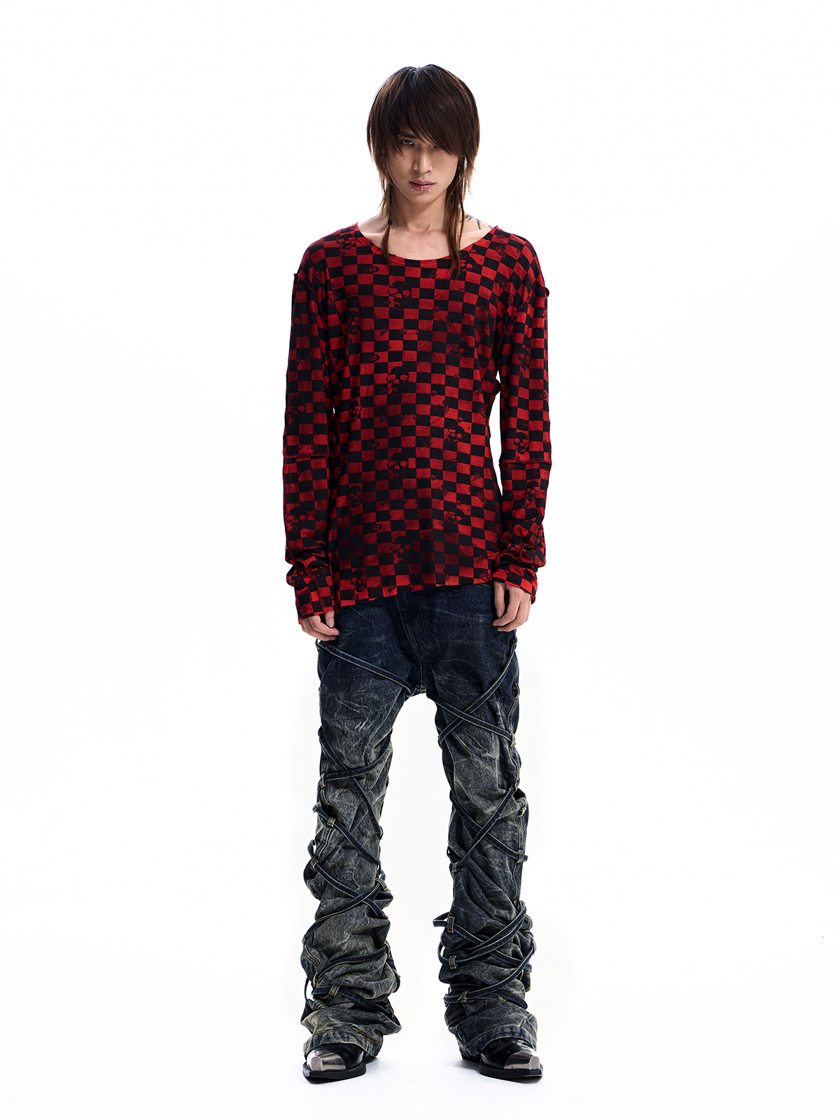 SKULL CHECKERBOARD LONG SLEEVE TEE