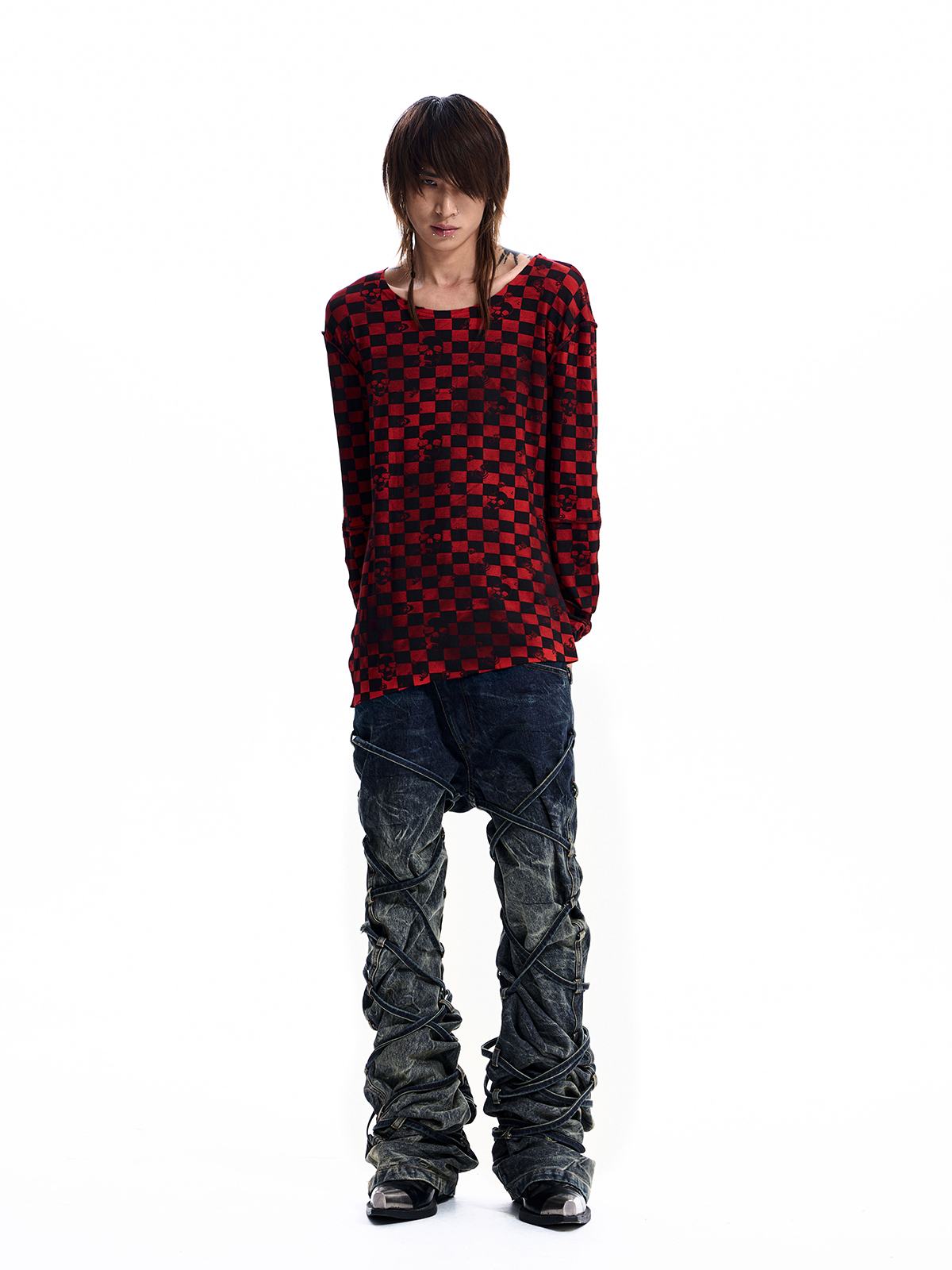 SKULL CHECKERBOARD LONG SLEEVE TEE