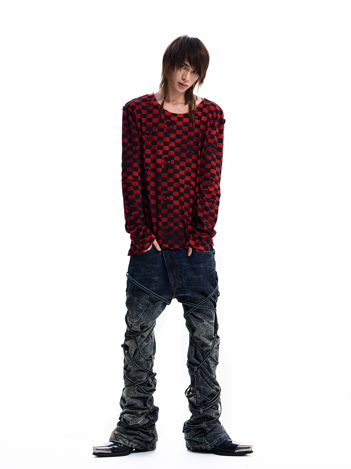 SKULL CHECKERBOARD LONG SLEEVE TEE