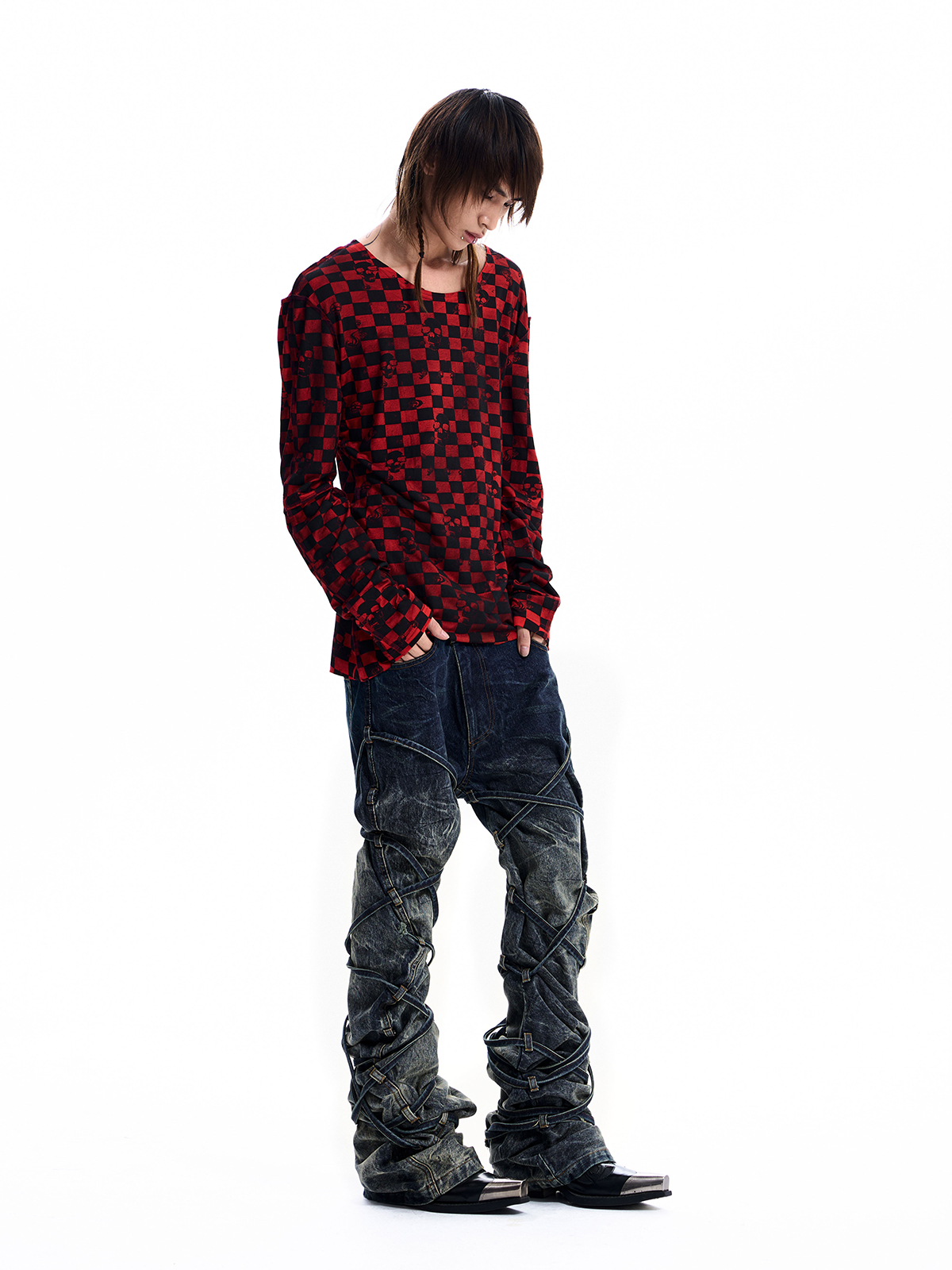 SKULL CHECKERBOARD LONG SLEEVE TEE