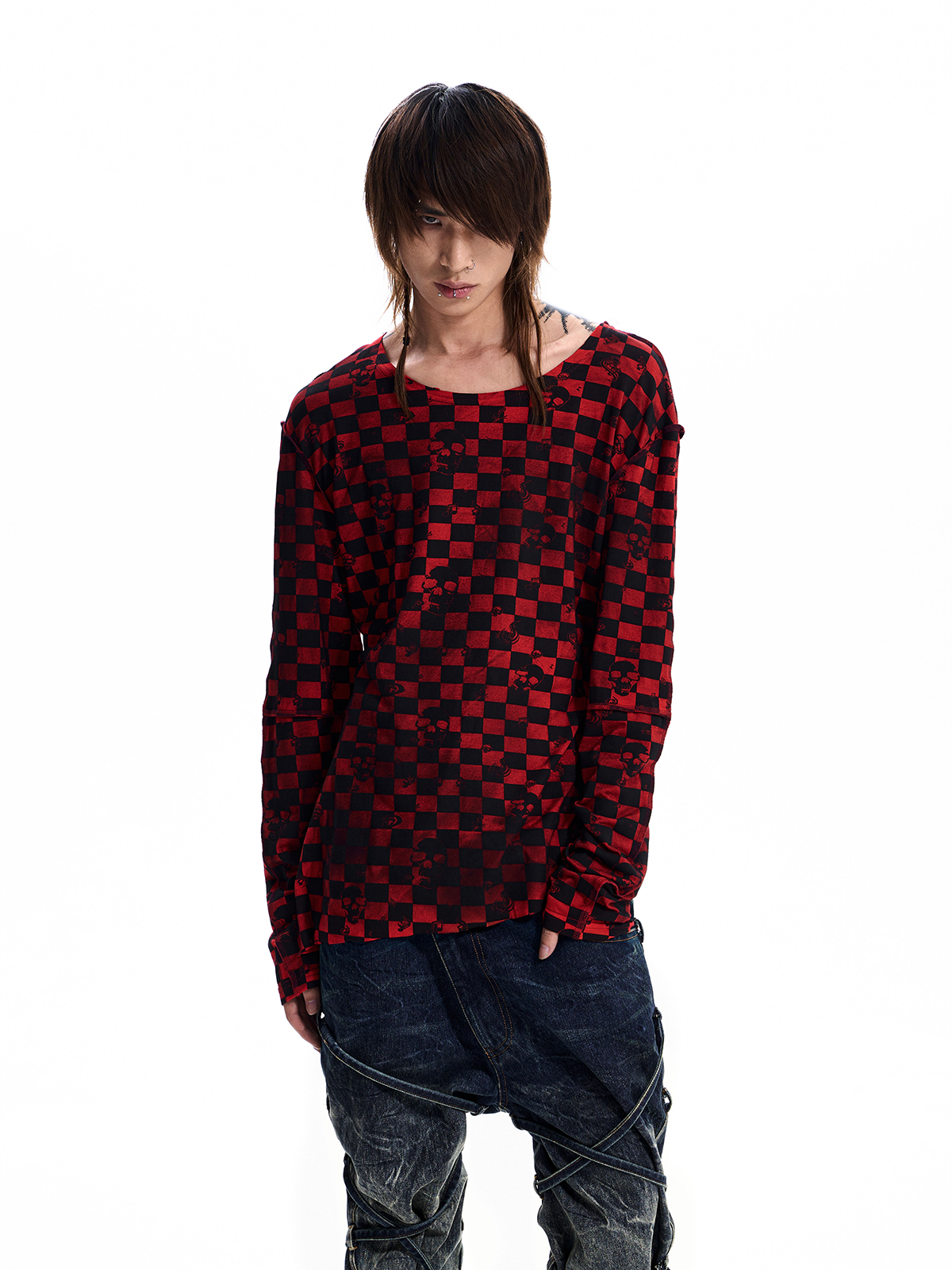 SKULL CHECKERBOARD LONG SLEEVE TEE