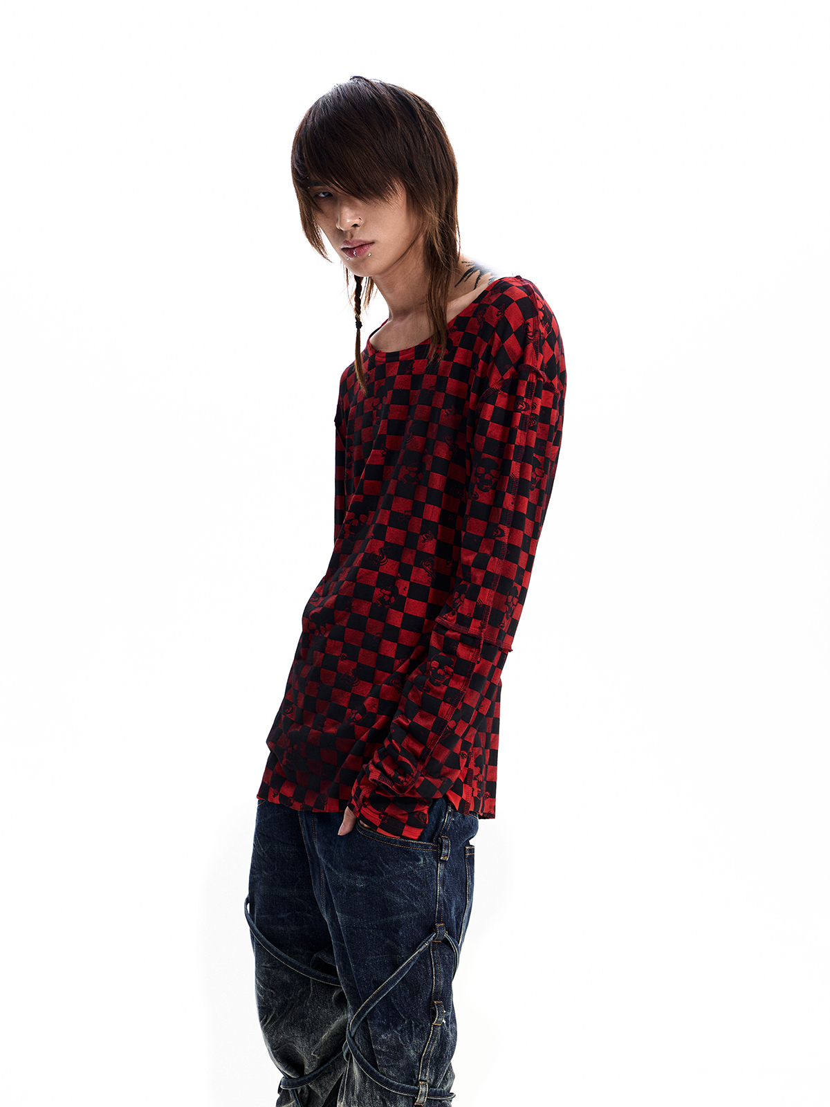 SKULL CHECKERBOARD LONG SLEEVE TEE