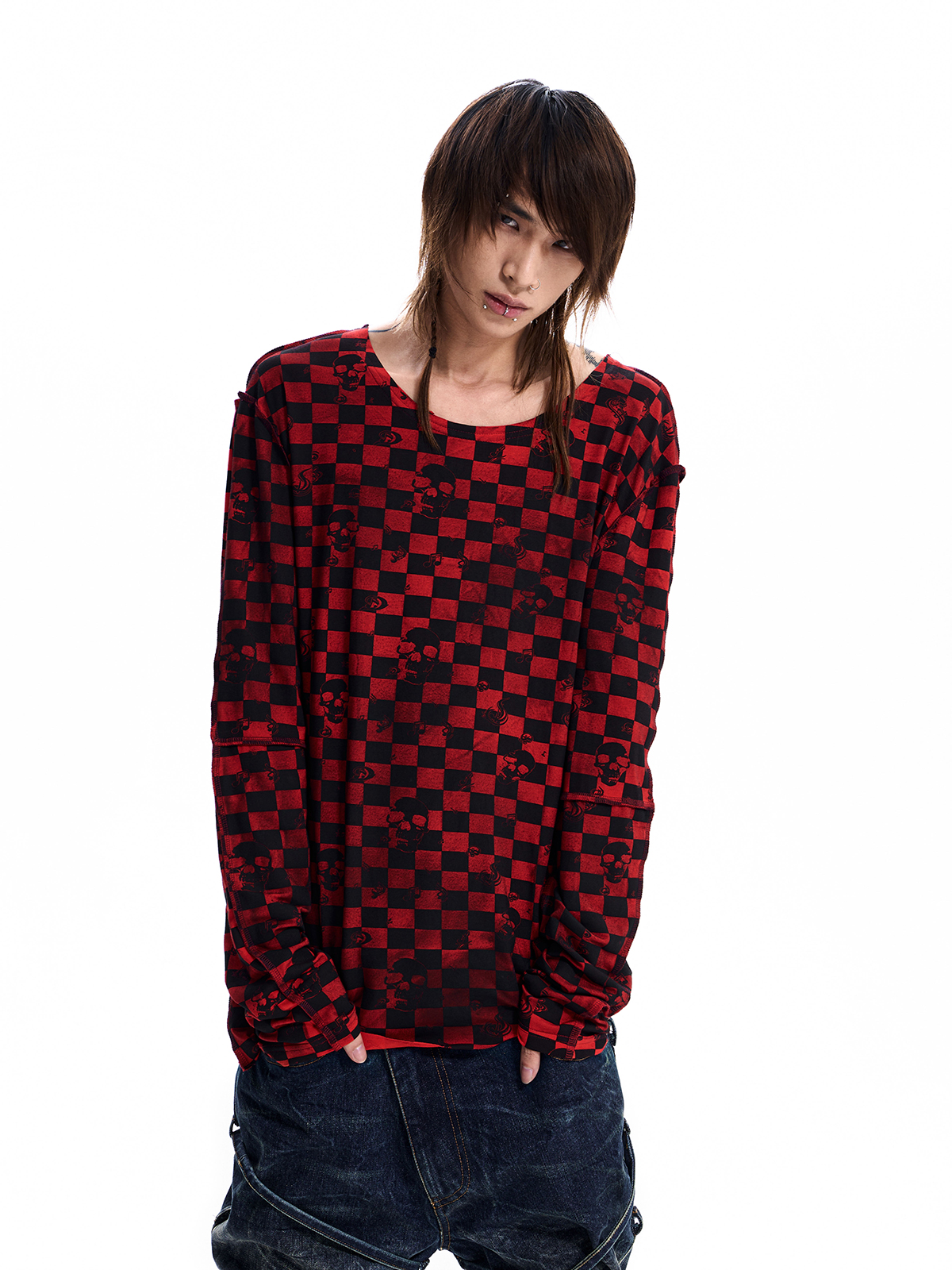 SKULL CHECKERBOARD LONG SLEEVE TEE