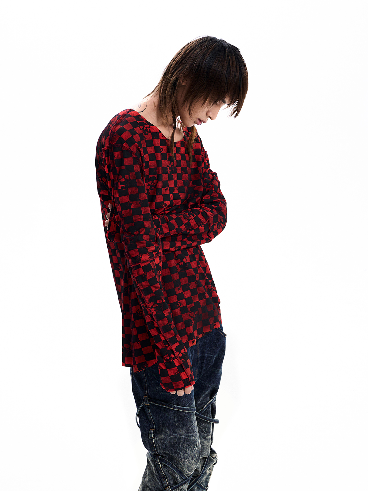 SKULL CHECKERBOARD LONG SLEEVE TEE