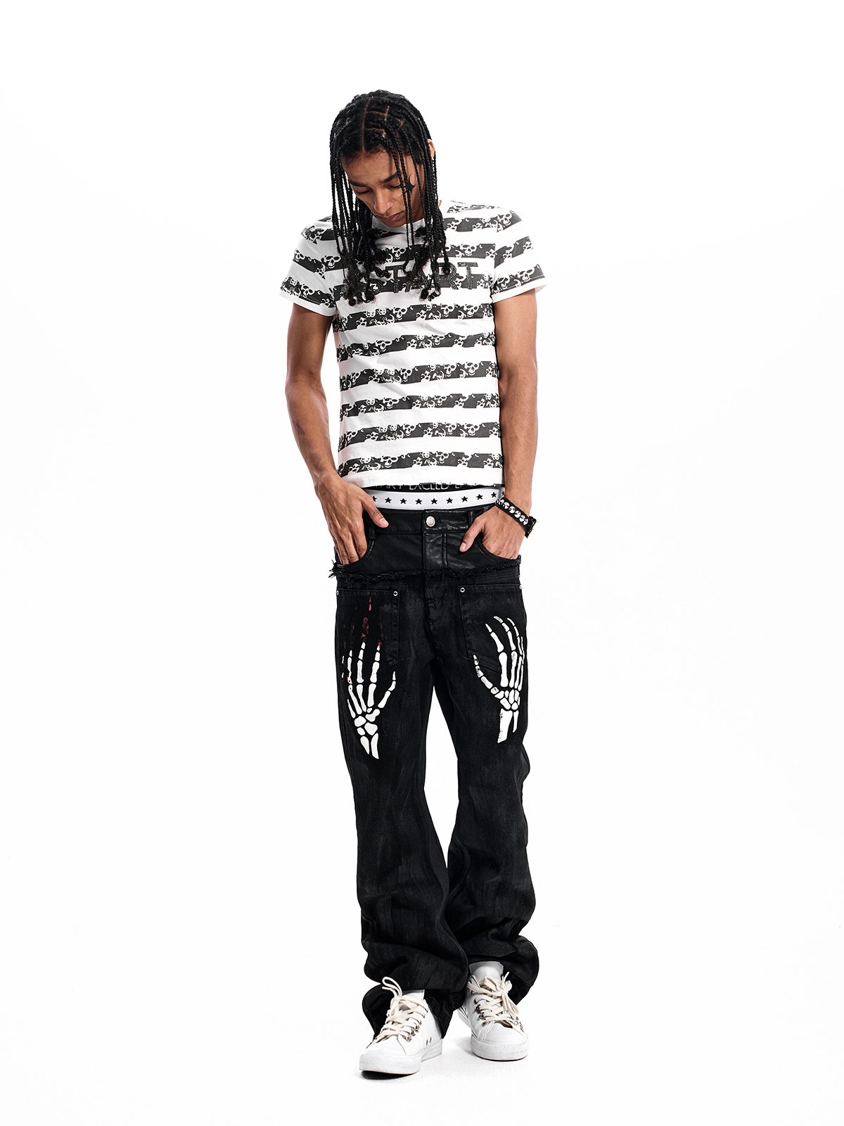 SKULL STRIPE RHINESTONE TEE