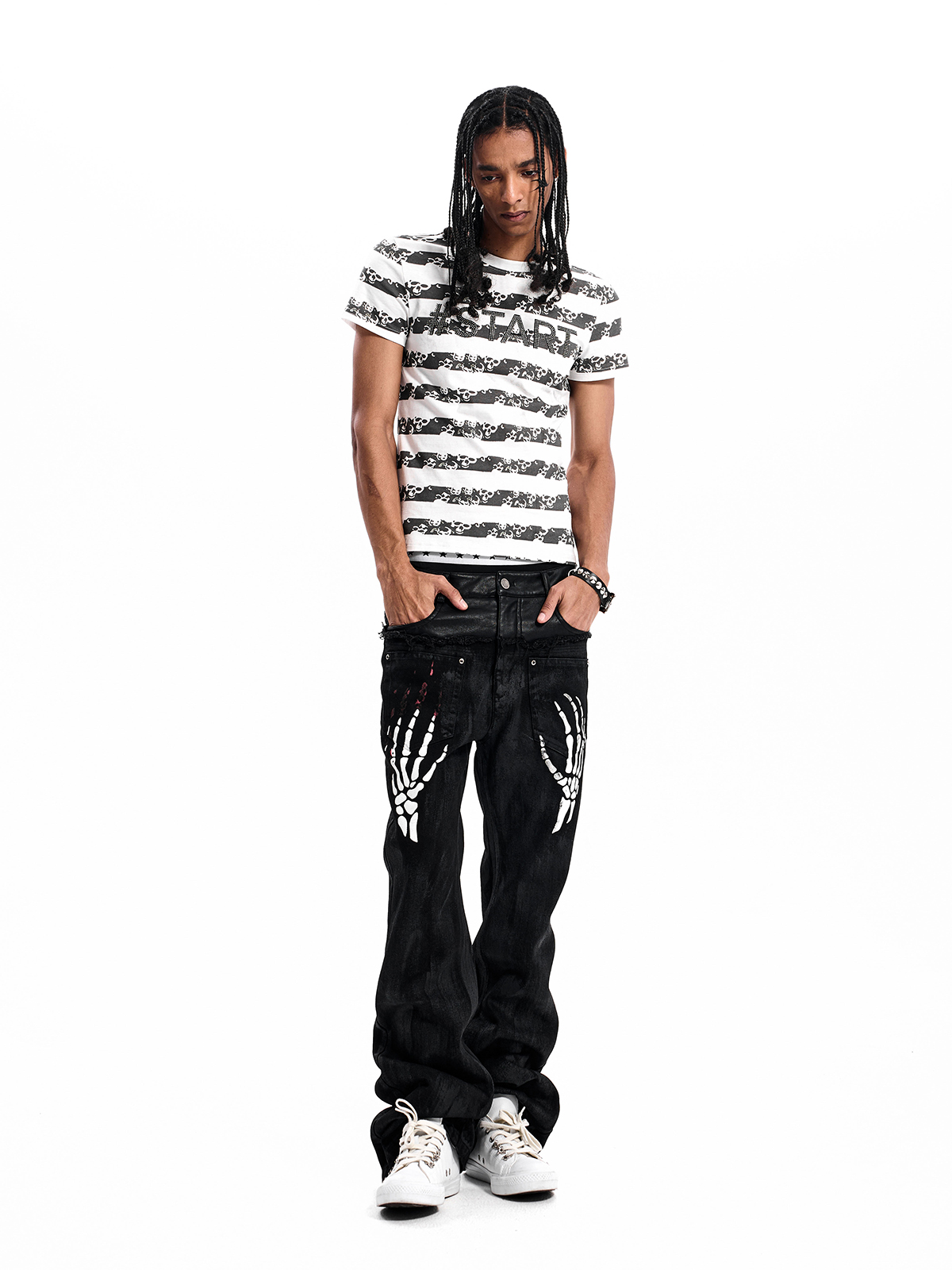 SKULL STRIPE RHINESTONE TEE