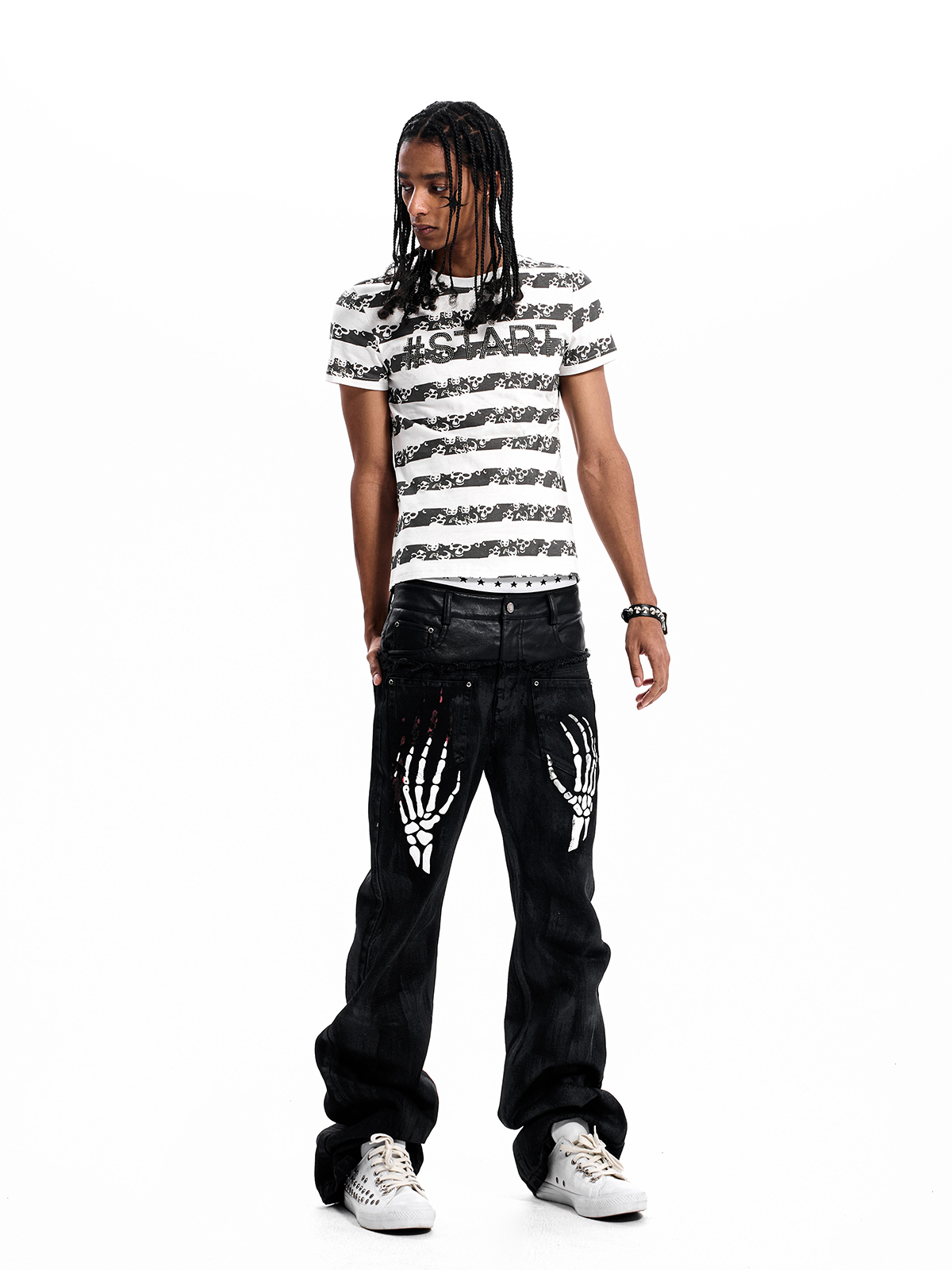 SKULL STRIPE RHINESTONE TEE