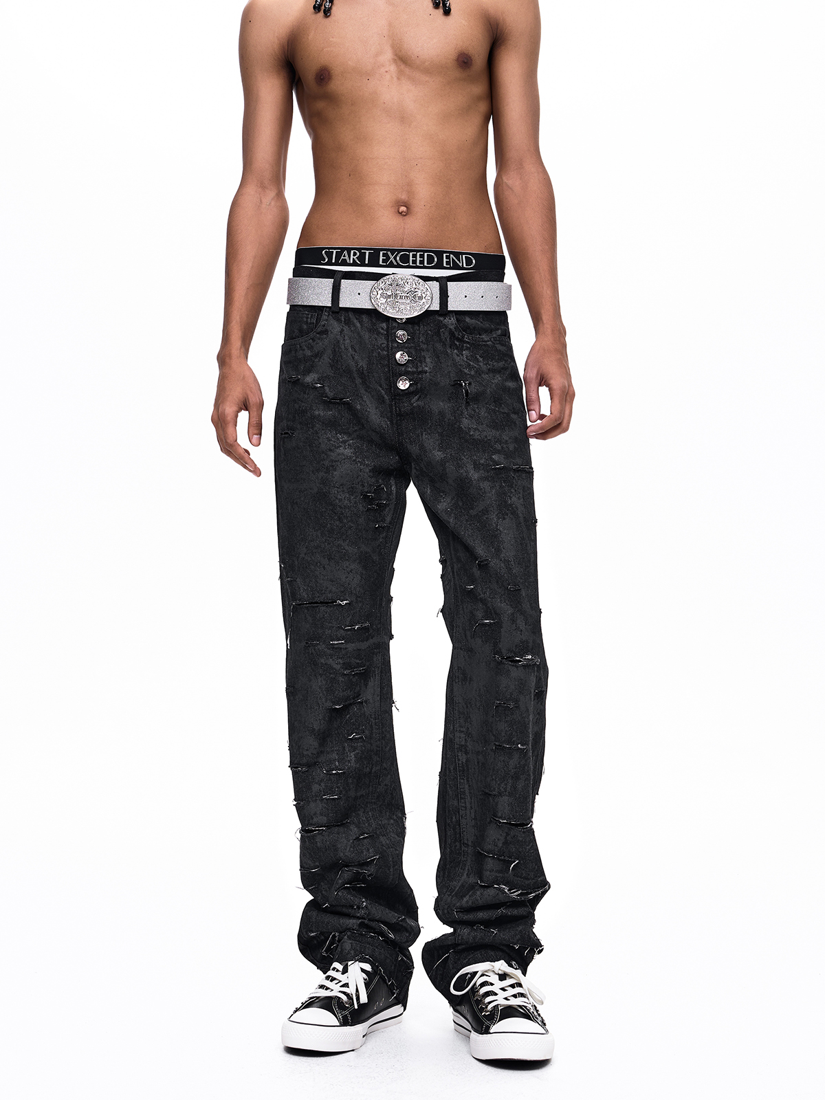 WAXED DISTRESSED 5-BUTTON SLIM STRAIGHT JEANS