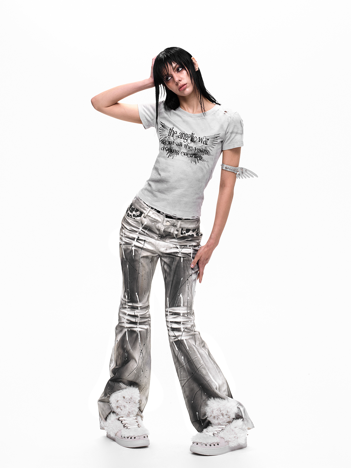 LEOPARD DOUBLE WAISTBAND FLARE JEANS-DIRTY WASH