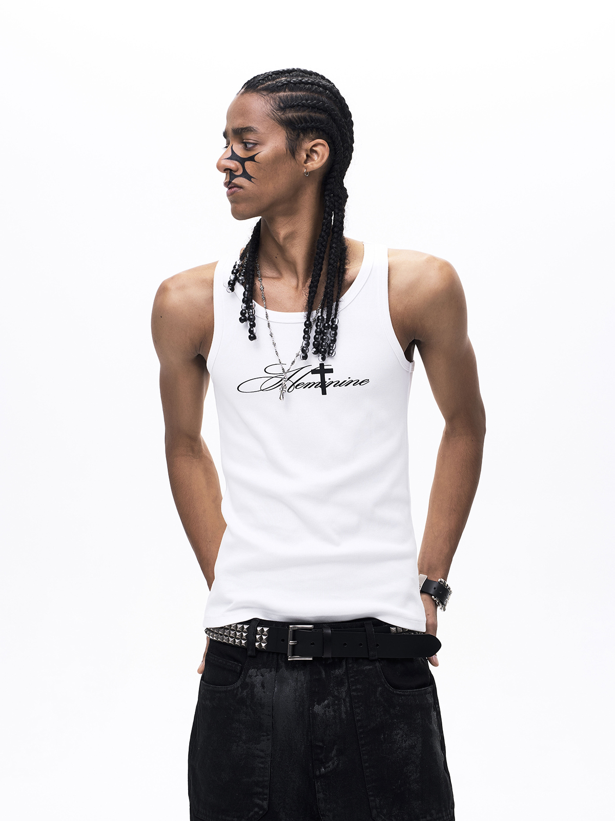 GOTHIC CROSS PRINT RIBBED TANK TOP-WHITE