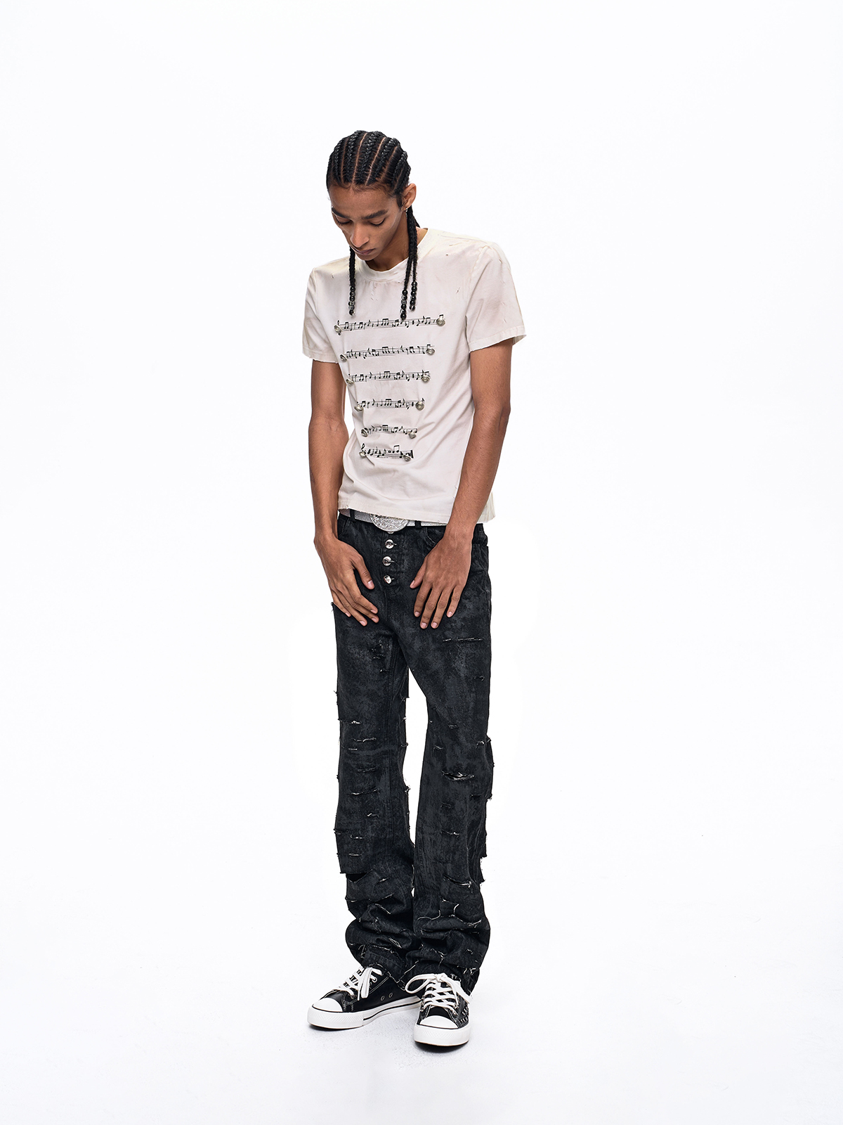 WAXED DISTRESSED 5-BUTTON SLIM STRAIGHT JEANS
