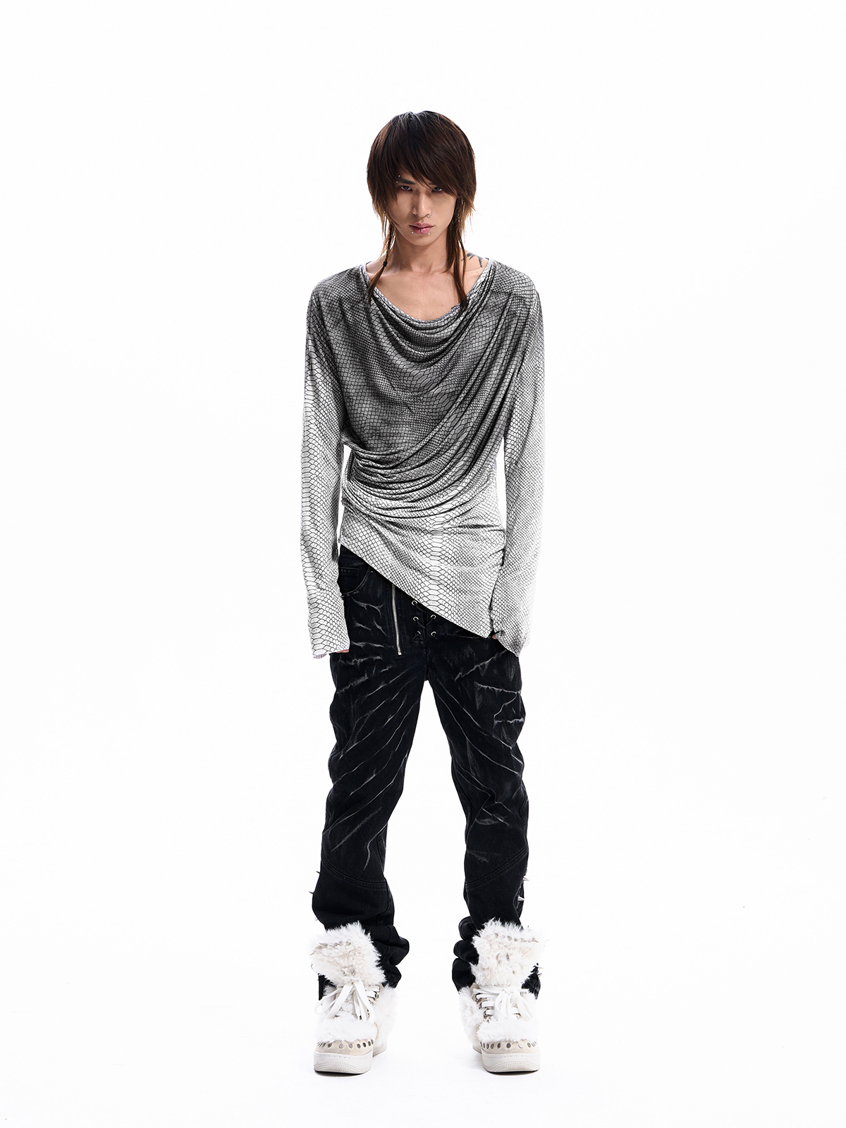 SNAKESKIN DRAPED LONG SLEEVE TEE