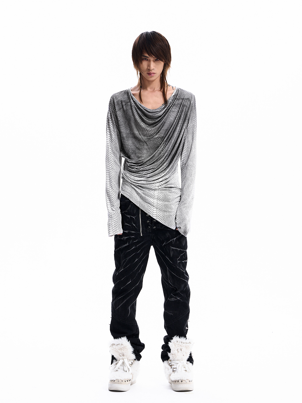 SNAKESKIN DRAPED LONG SLEEVE TEE