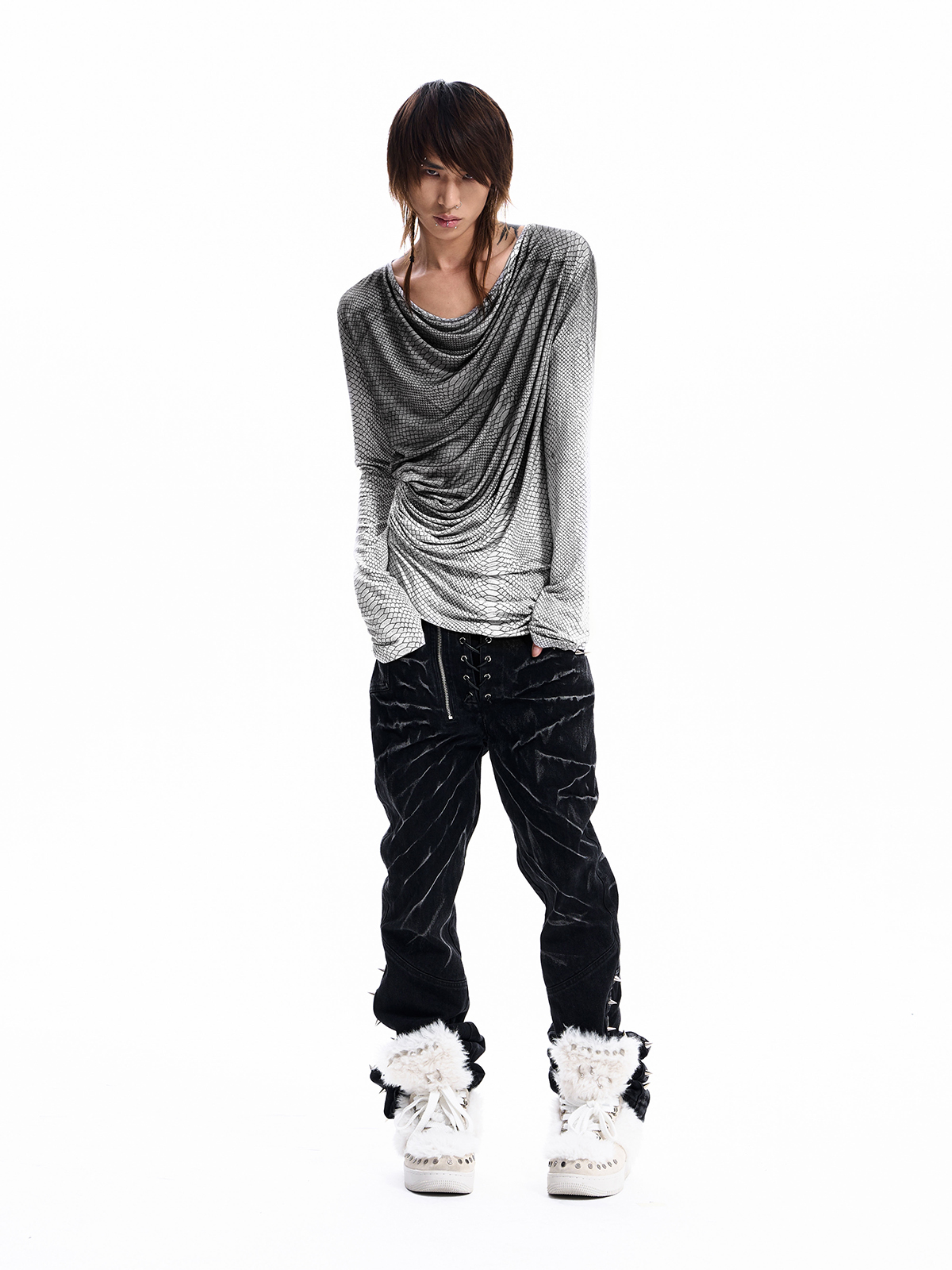 SNAKESKIN DRAPED LONG SLEEVE TEE