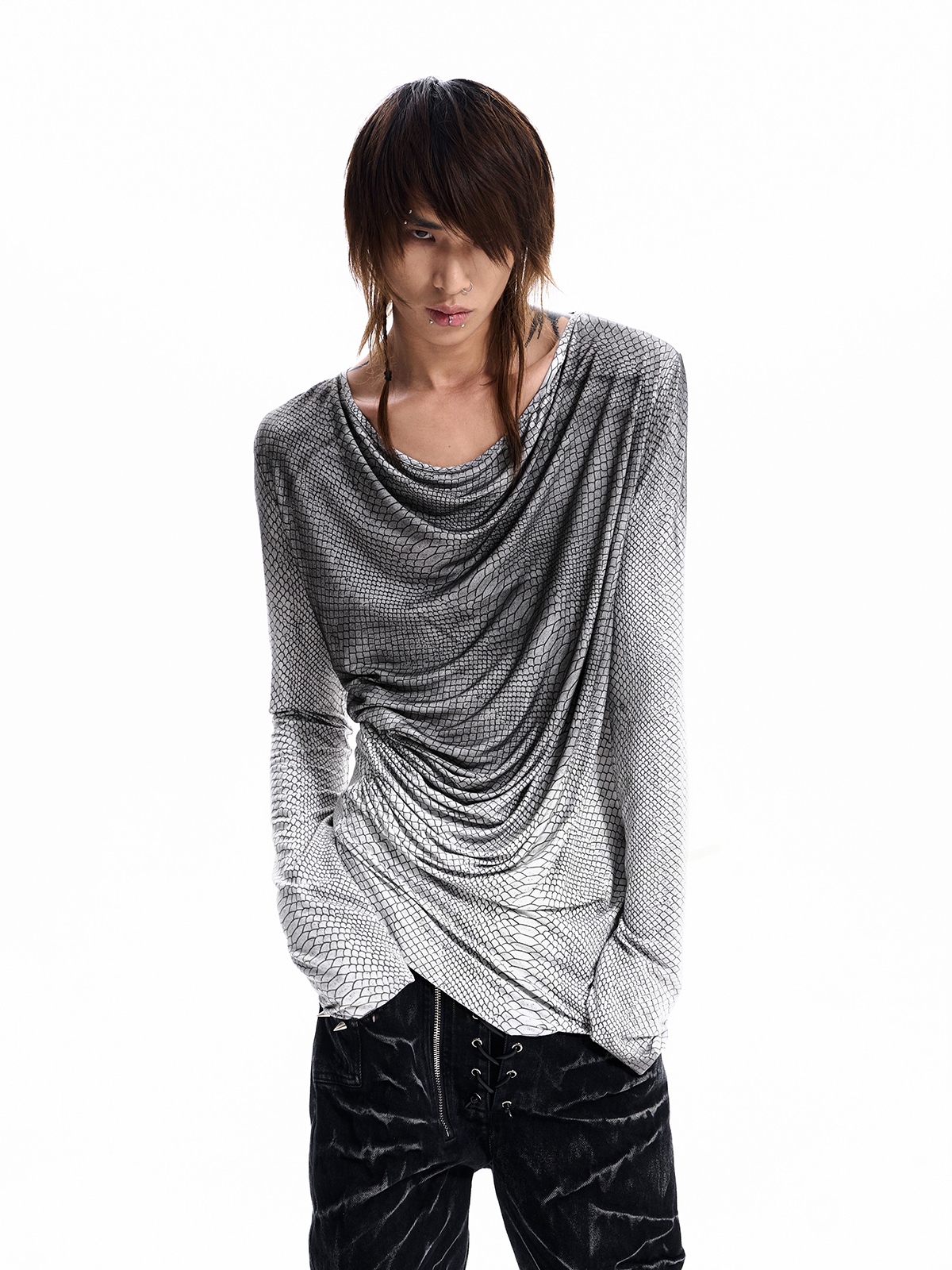 SNAKESKIN DRAPED LONG SLEEVE TEE