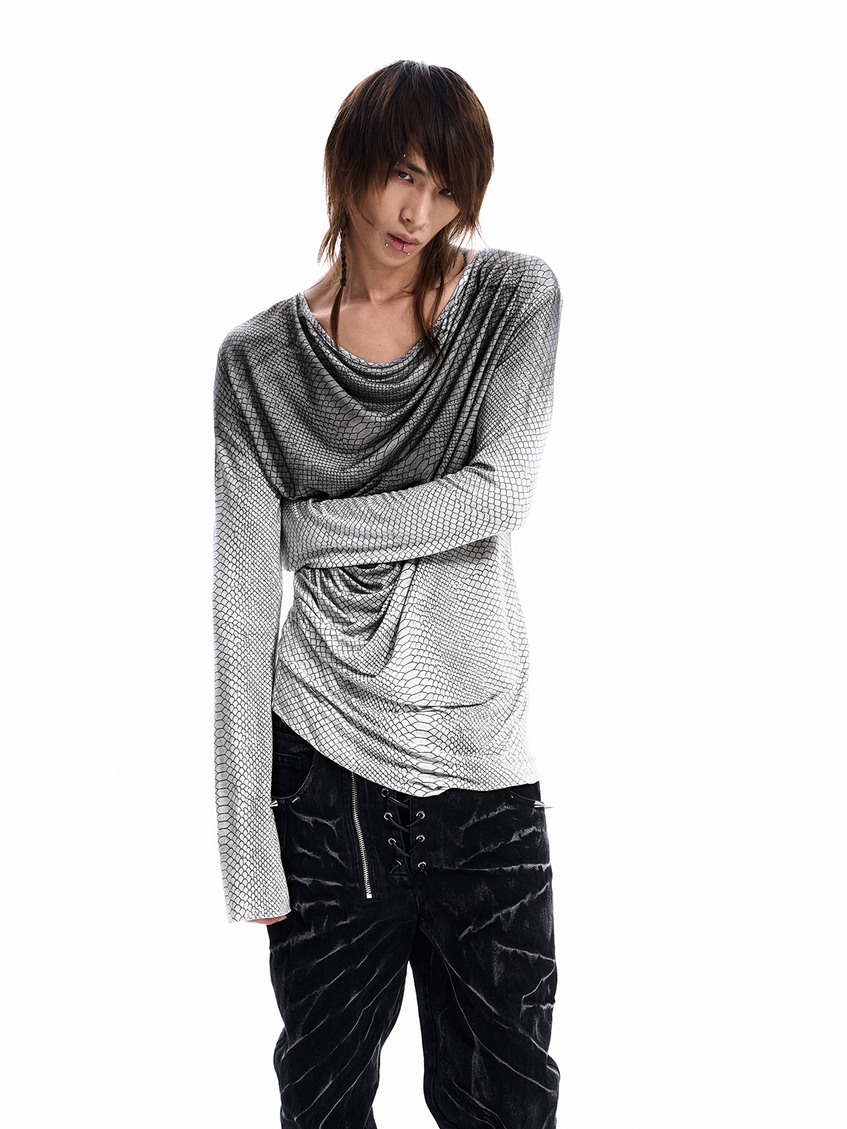 SNAKESKIN DRAPED LONG SLEEVE TEE