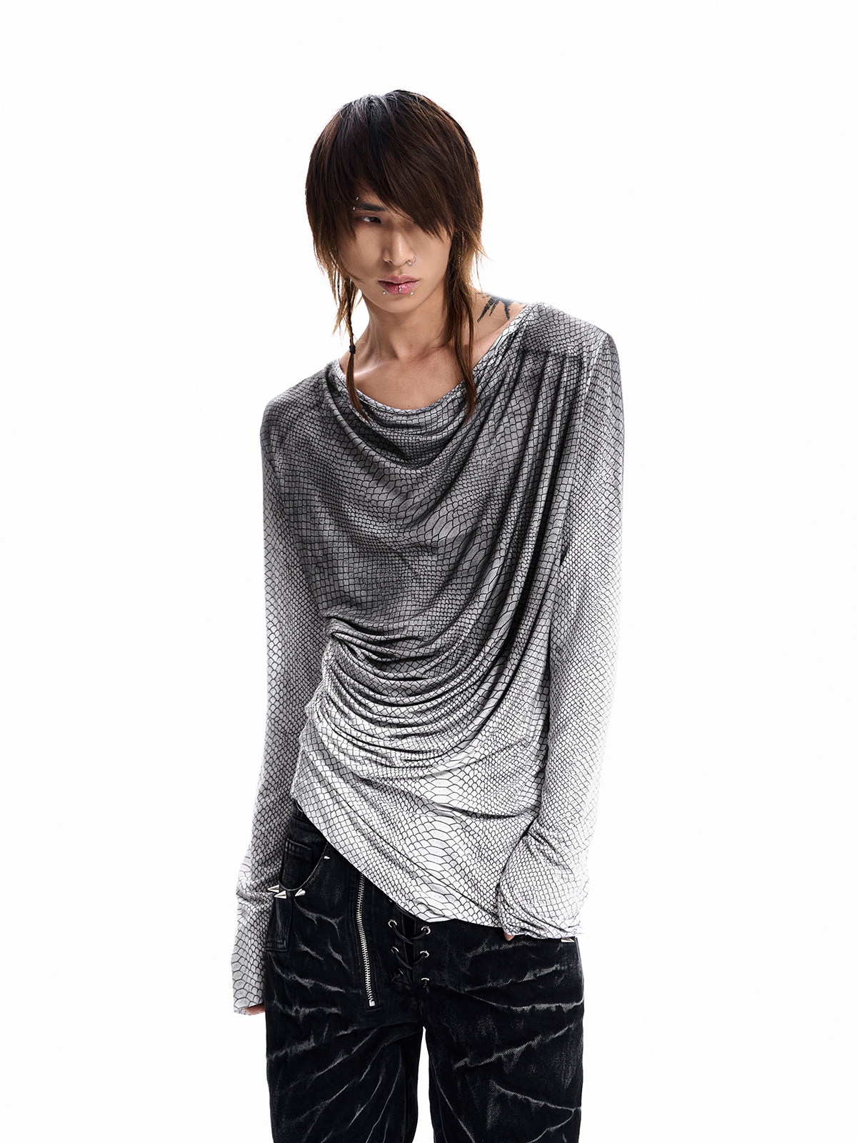 SNAKESKIN DRAPED LONG SLEEVE TEE