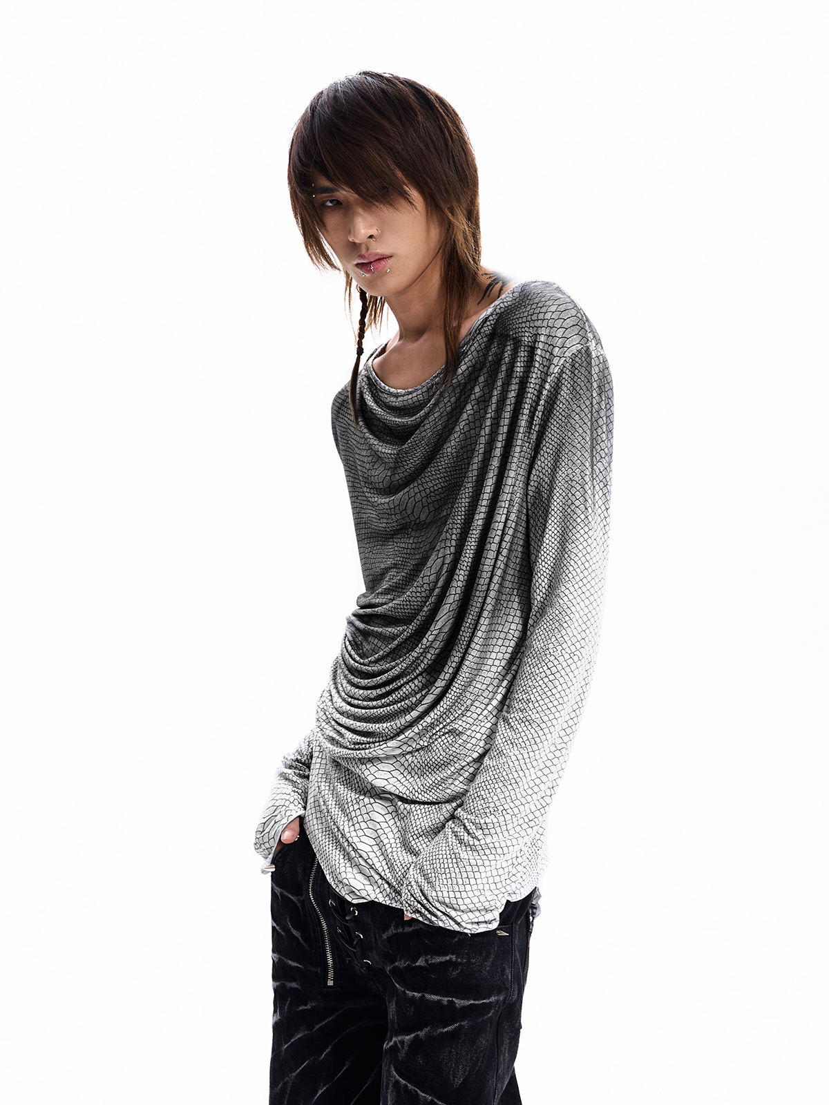 SNAKESKIN DRAPED LONG SLEEVE TEE