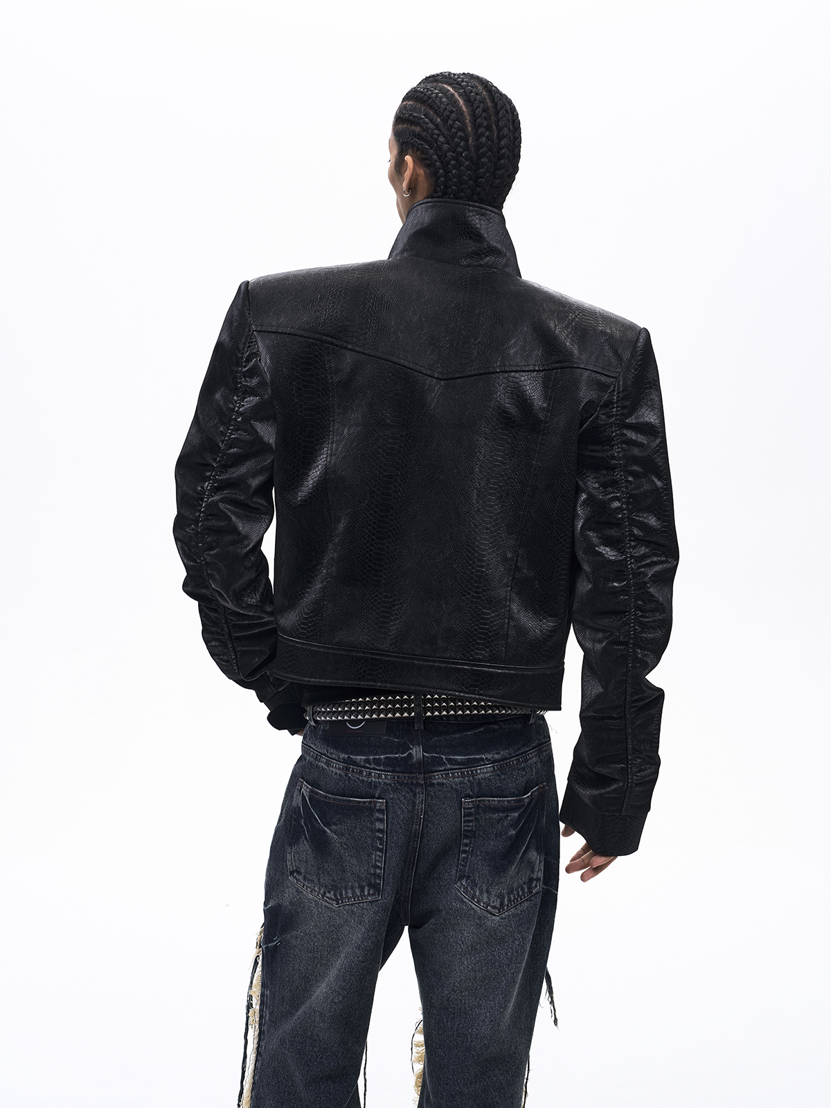 EMBROIDERED UNICORN STAND COLLAR LEATHER JACKET