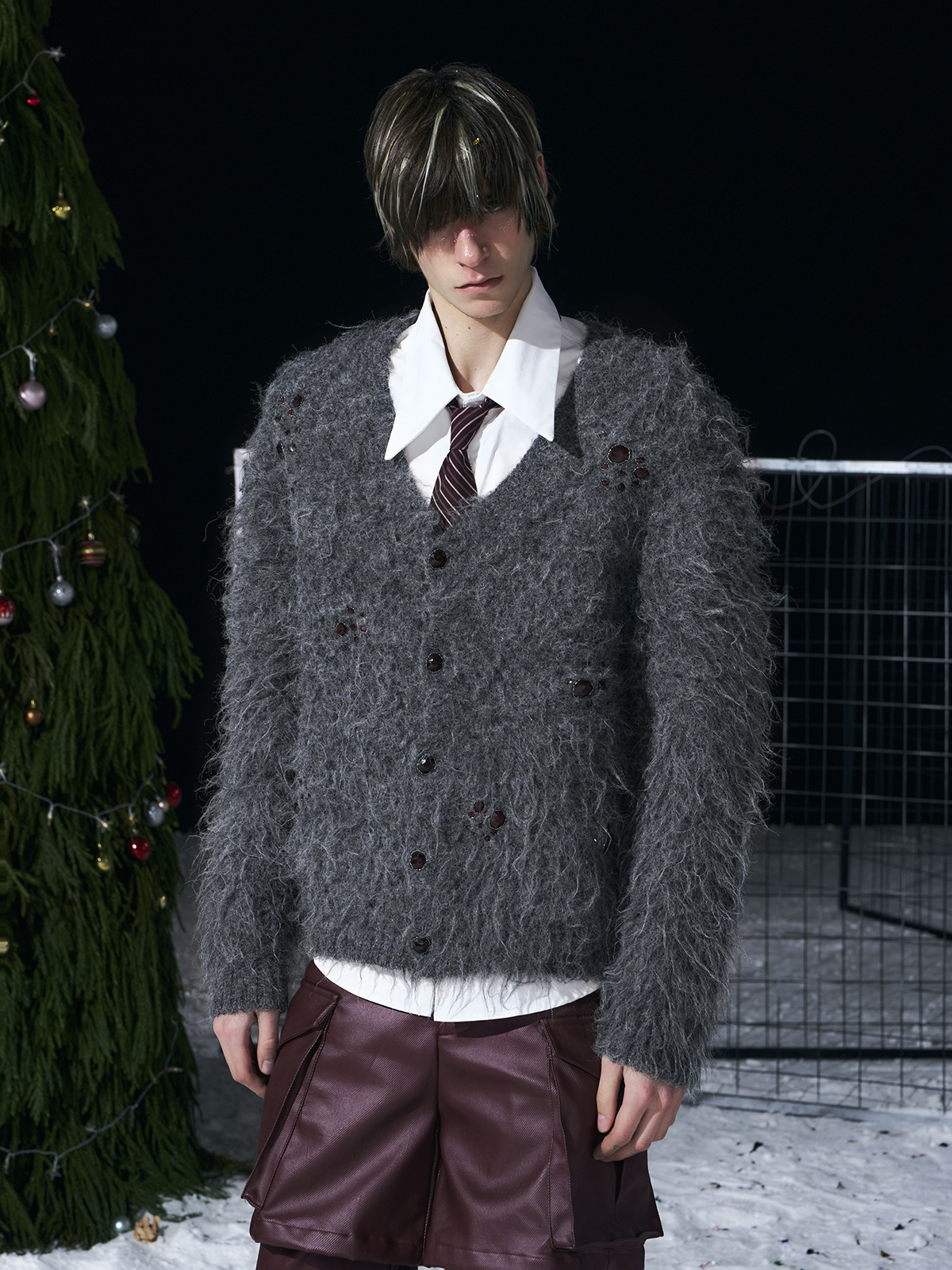 GEMSTONE SCATTERED SHAGGY MOHAIR CARDIGAN-GREY