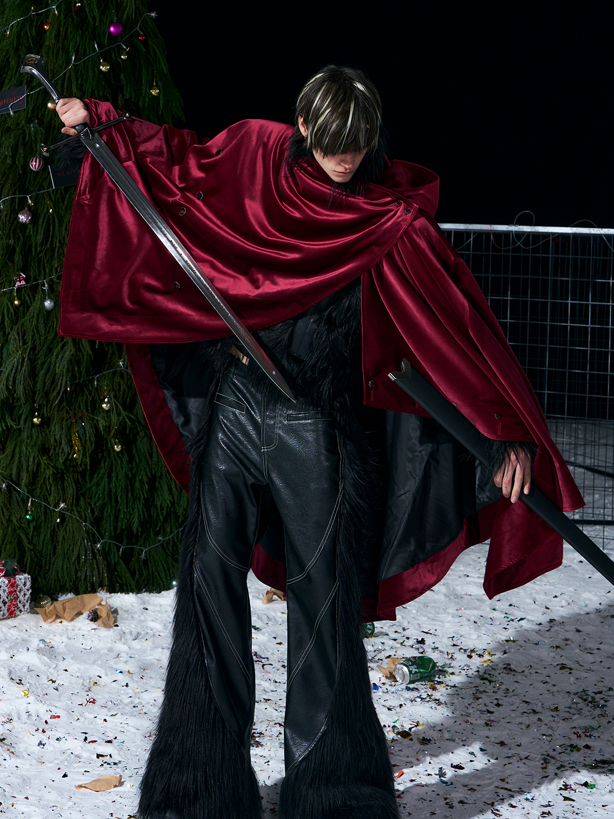 WARHORSE EMBROIDERED VELVET HOODED CLOAK-BURGUNDY