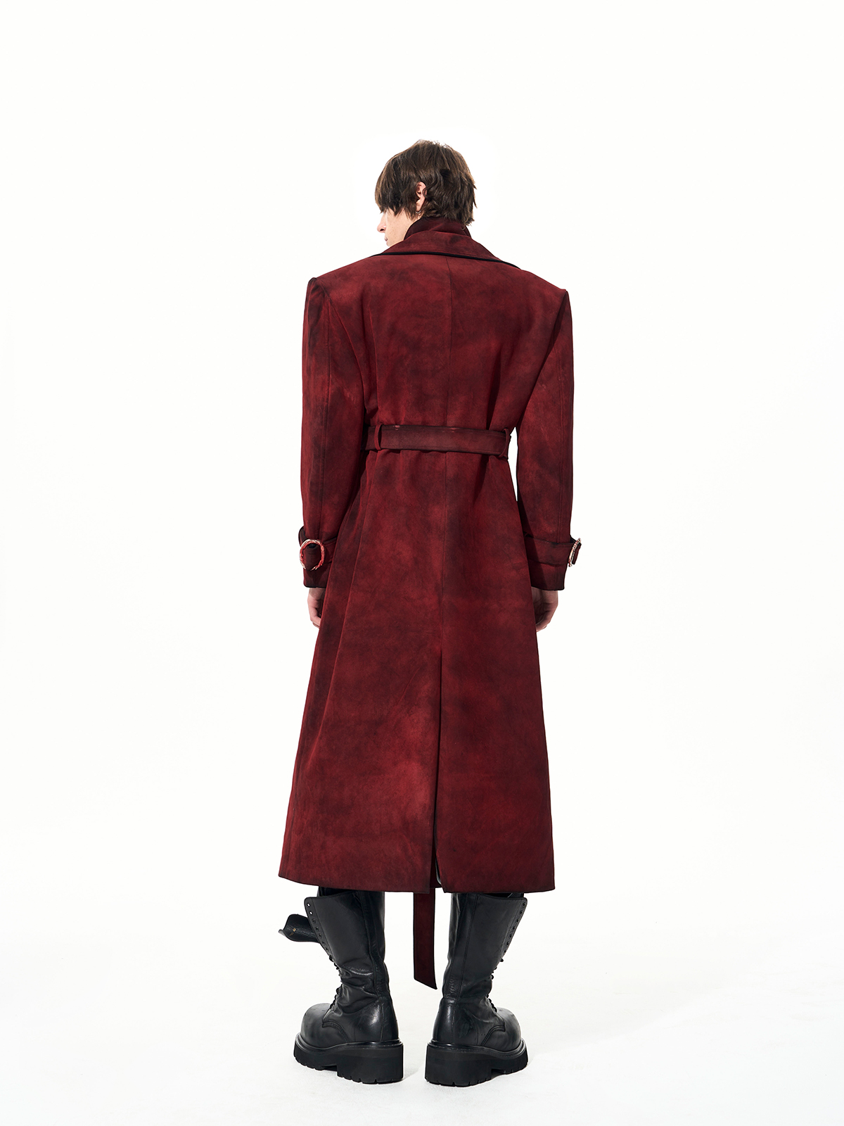 BLOOD RED DISTRESSED SUEDE BELTED TRENCH COAT-START EXCEED END
