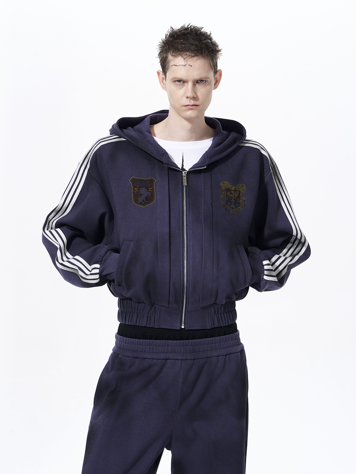 DISTRESSED MOTO BADGE 4-STRIPE TRACKSUIT SET-DEEP PURPLE